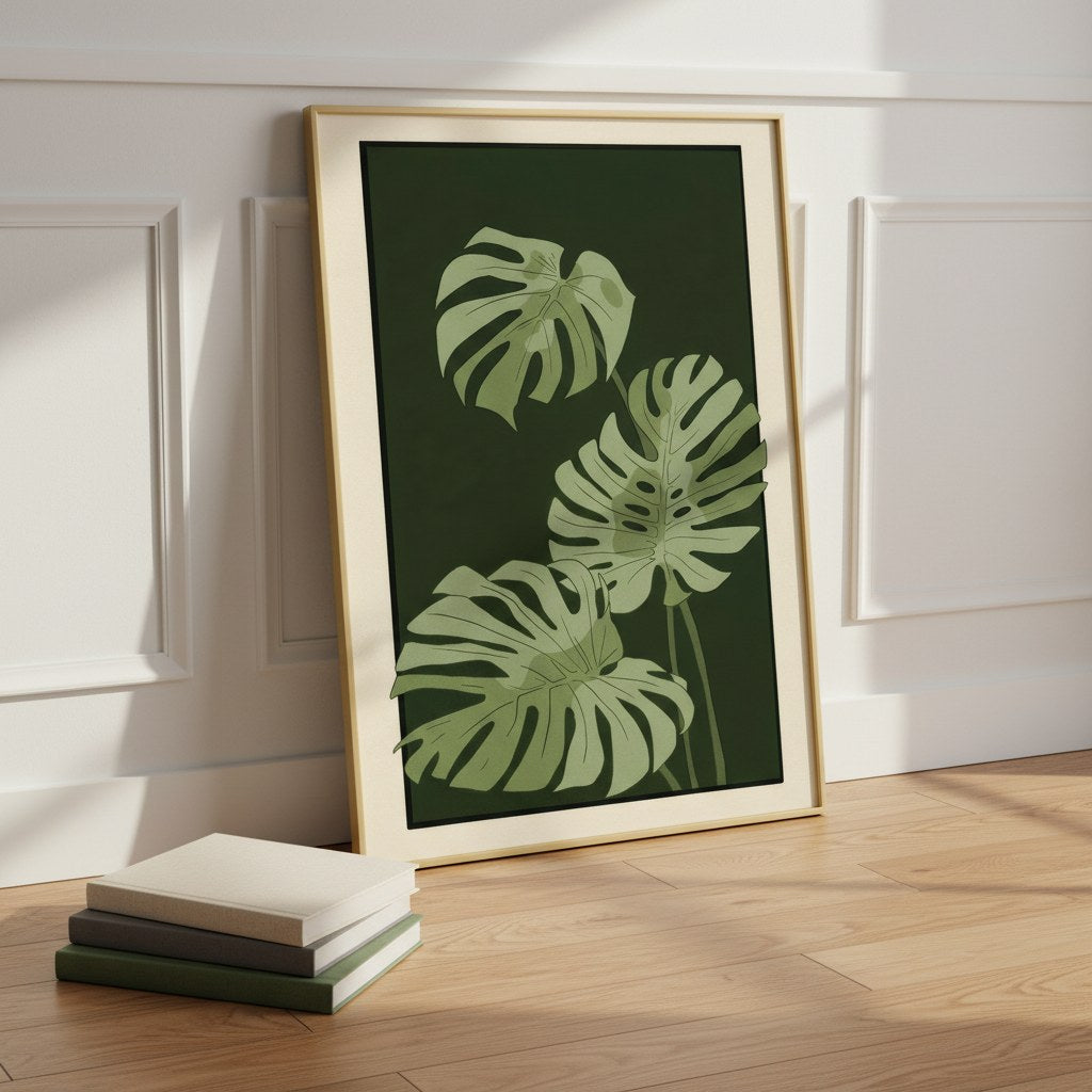 Monstera yaprakları posteri, lambri duvarın önünde kitapların yanında açık ahşap çerçeveli
