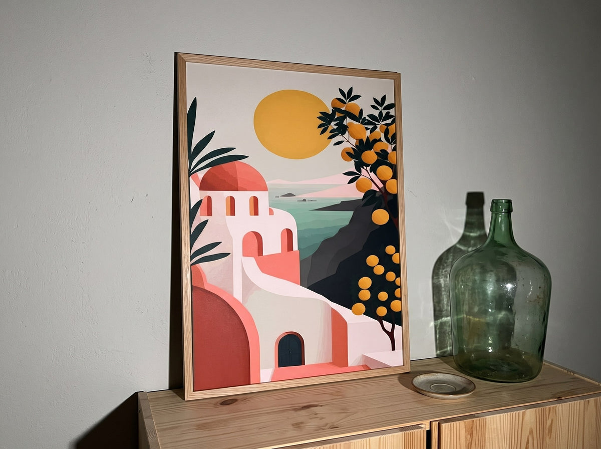 Pembe kubbeli ev posteri, ahşap dolabın üzerinde yeşil damacanalar eşliğinde duvara yaslanmış ahşap çerçeveli