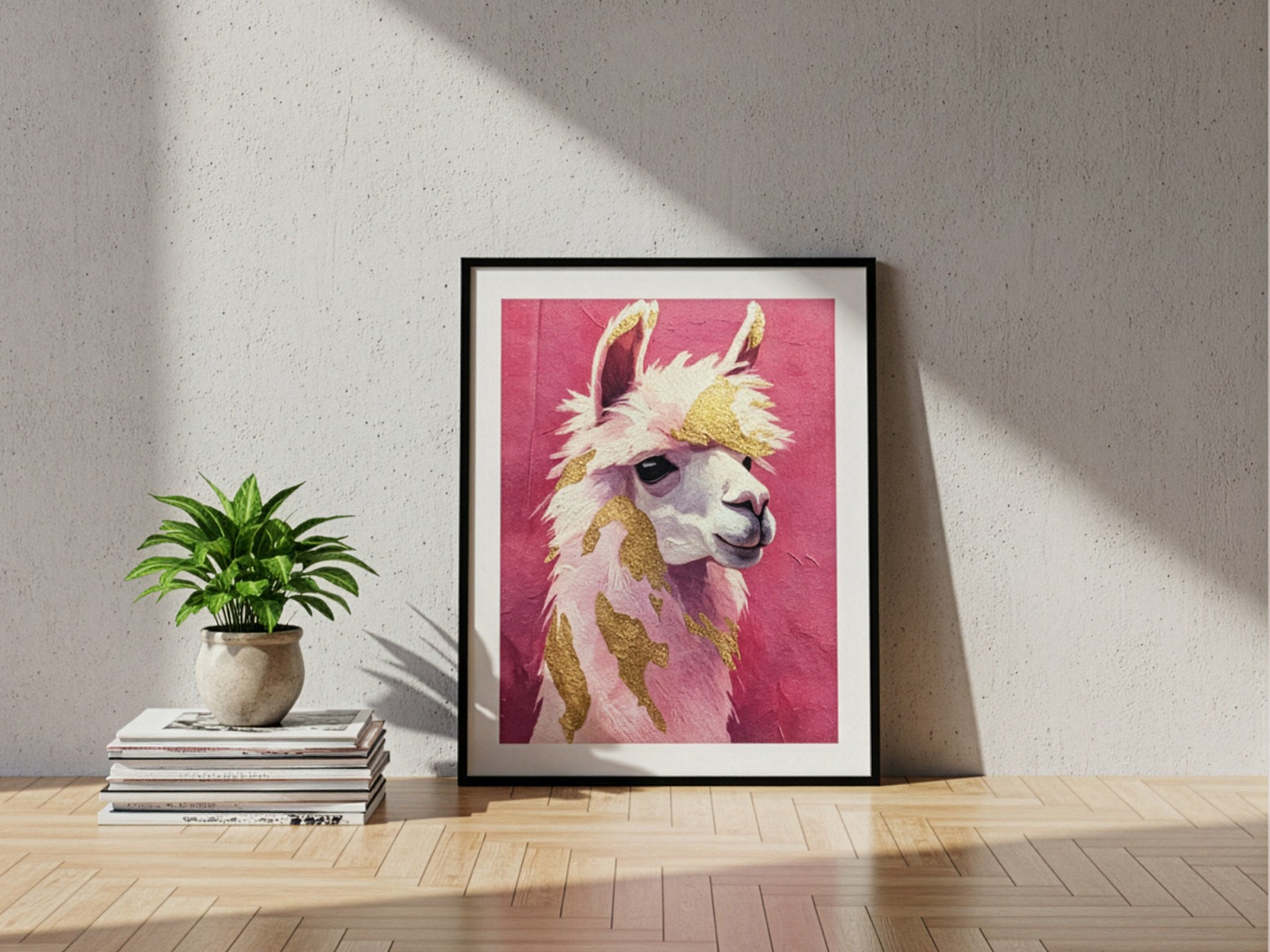 Altın detaylı lama posteri, açık duvara yaslanmış siyah çerçeveli, yanında saksı ve kitaplar