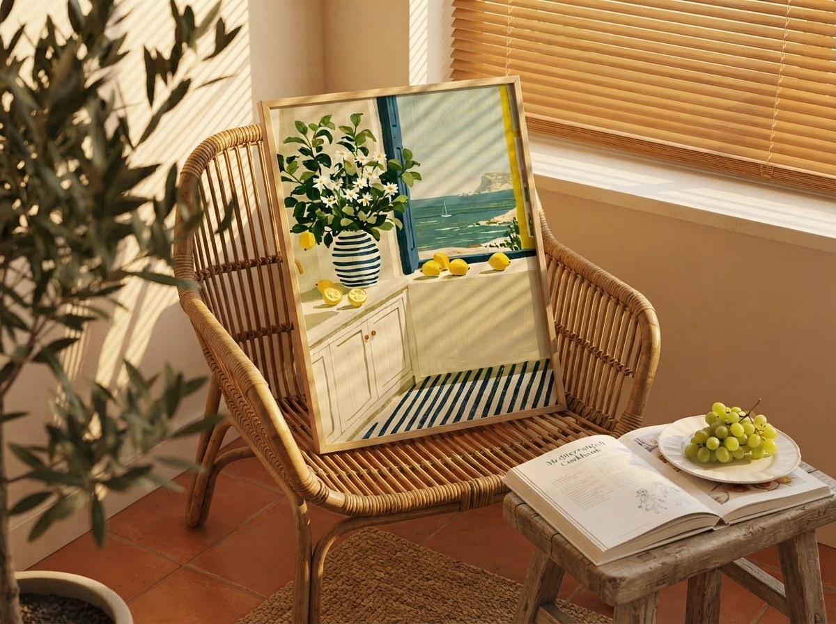 Amalfi limon posteri, hasır sandalyede bohem terrakota bir köşede çerçeveli