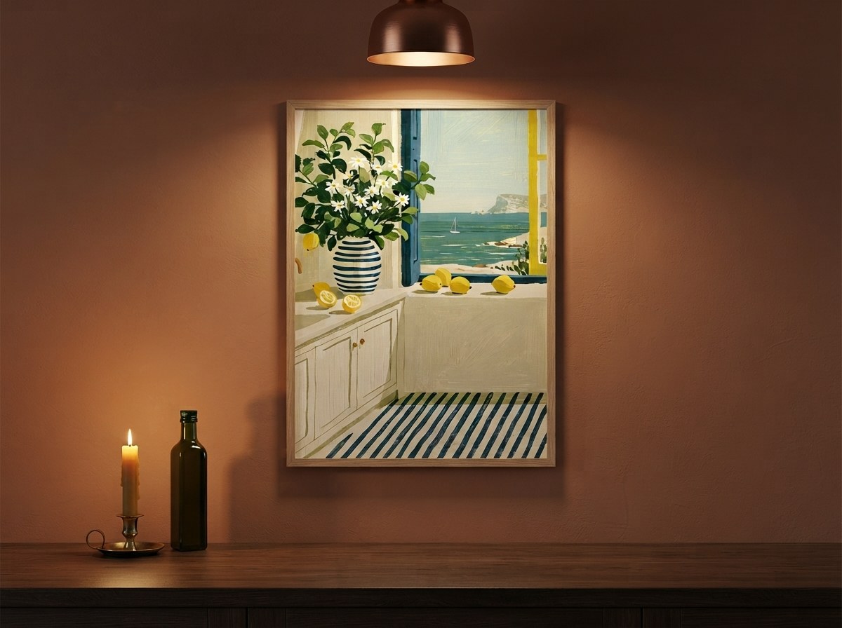 Limonlu pencere posteri, koyu terrakota duvarda mum ışığında ahşap çerçeveli