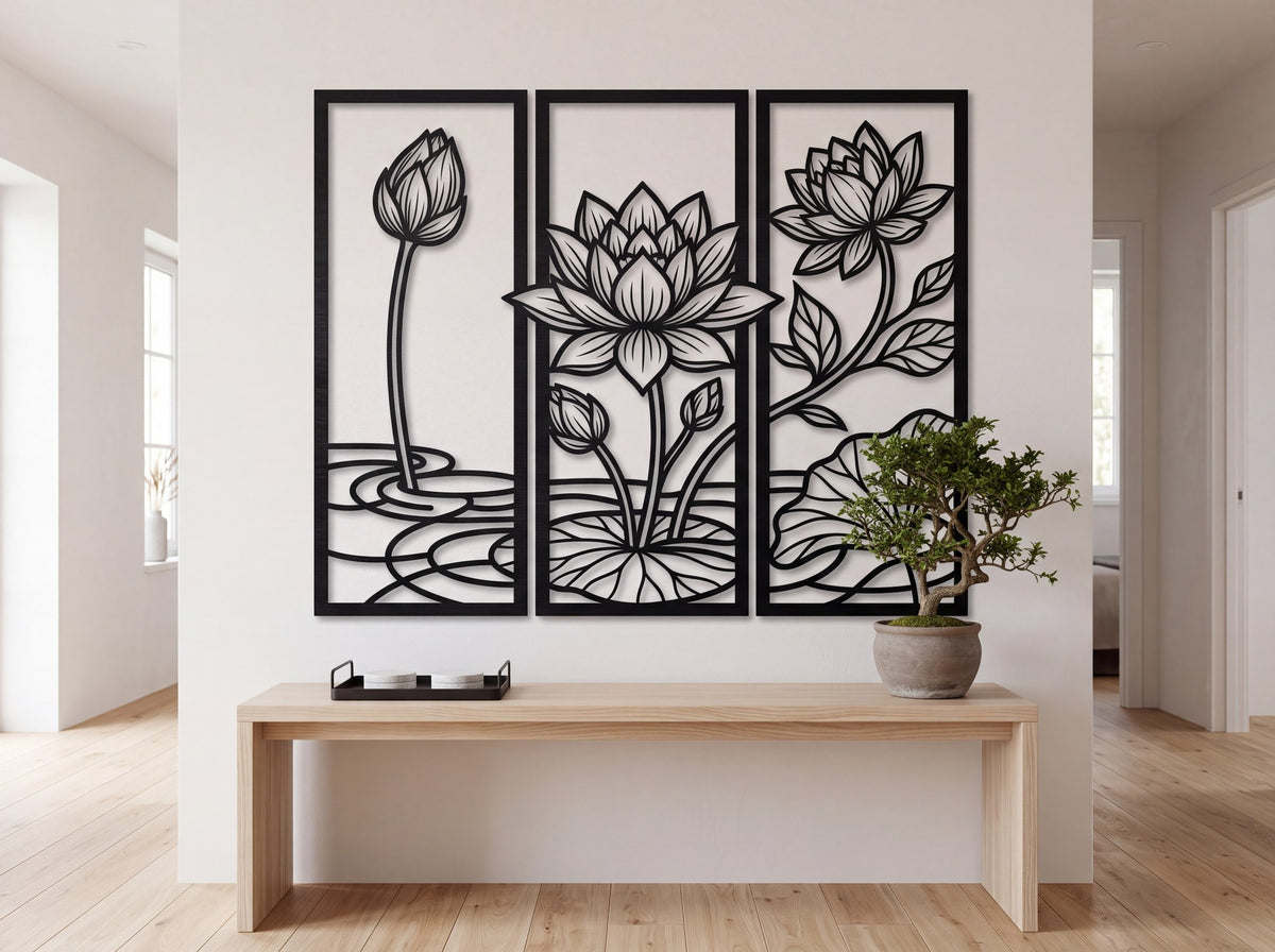 Lotus çiçeği 3'lü duvar dekoru seti, antrede ahşap konsol ve bonsai ağacının üzerinde