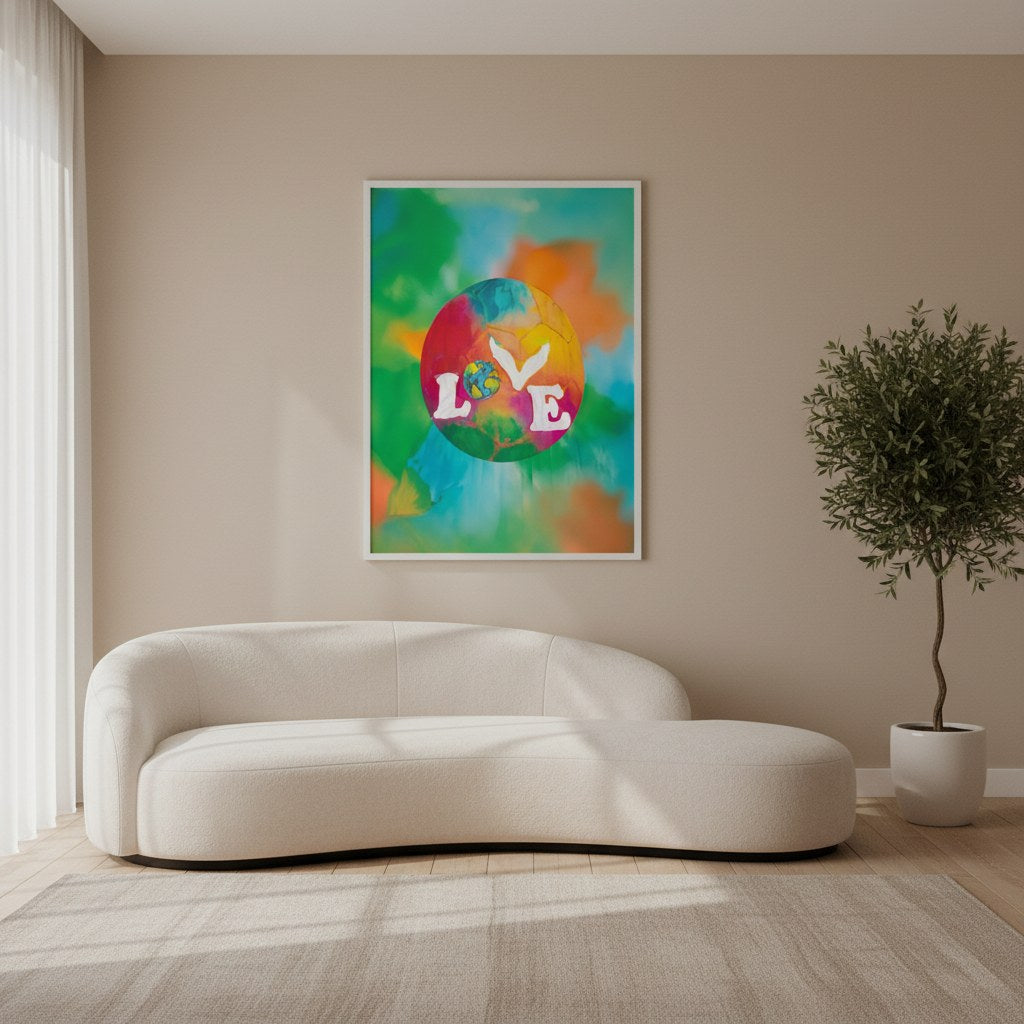Love Earth posteri, salon duvarında beyaz çerçeveli, kavisli kanepenin üzerinde