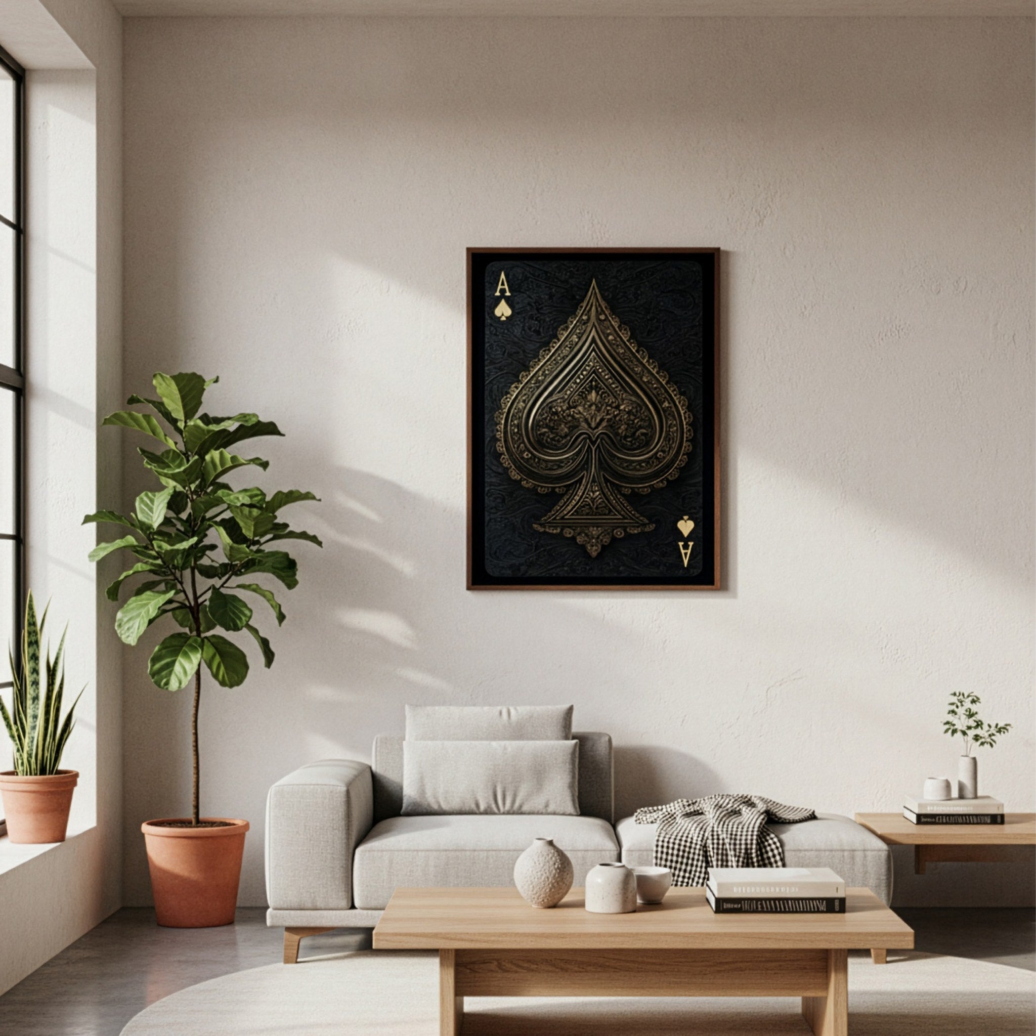 Maça ası posteri, açık renk kanepeli salonun duvarında koyu ahşap çerçeveli