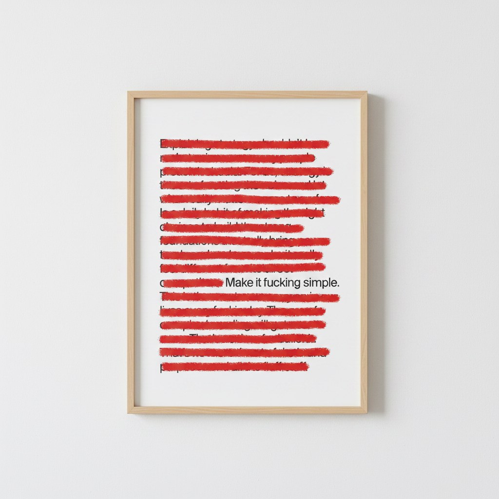 Make It Simple tipografi posteri, beyaz duvarda doğal ahşap çerçeveli