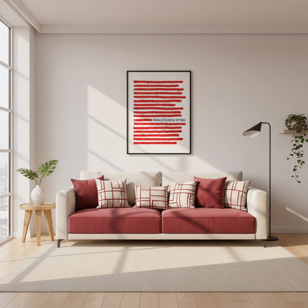 Minimalist motivasyon posteri, salon duvarında siyah çerçeveli, bordo kanepenin üzerinde