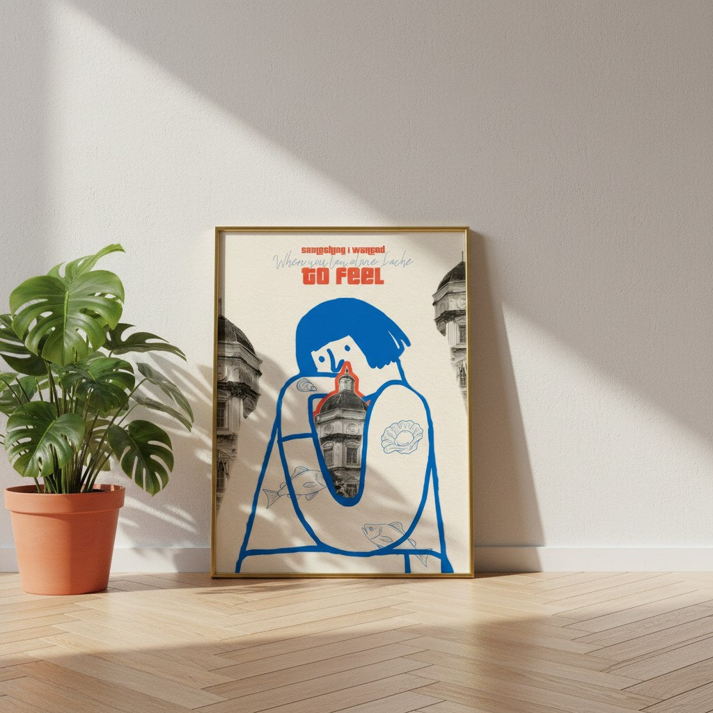 Mavi çizgi figürlü poster, ahşap zeminde duvara yaslanmış ahşap çerçeveli, yanında yeşil bitki