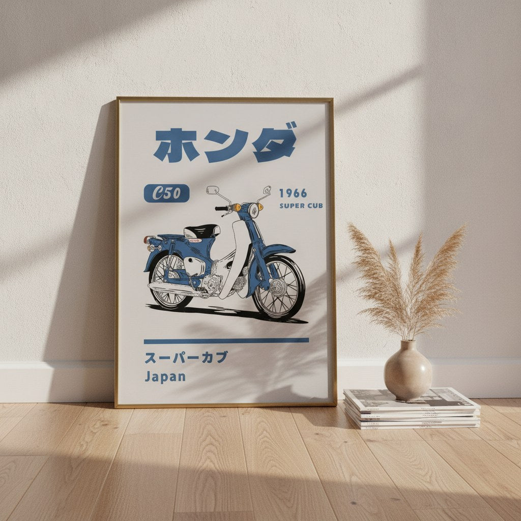 Retro Japon motosikleti posteri, ahşap zeminde ahşap çerçeveli ve yanında pampas otu