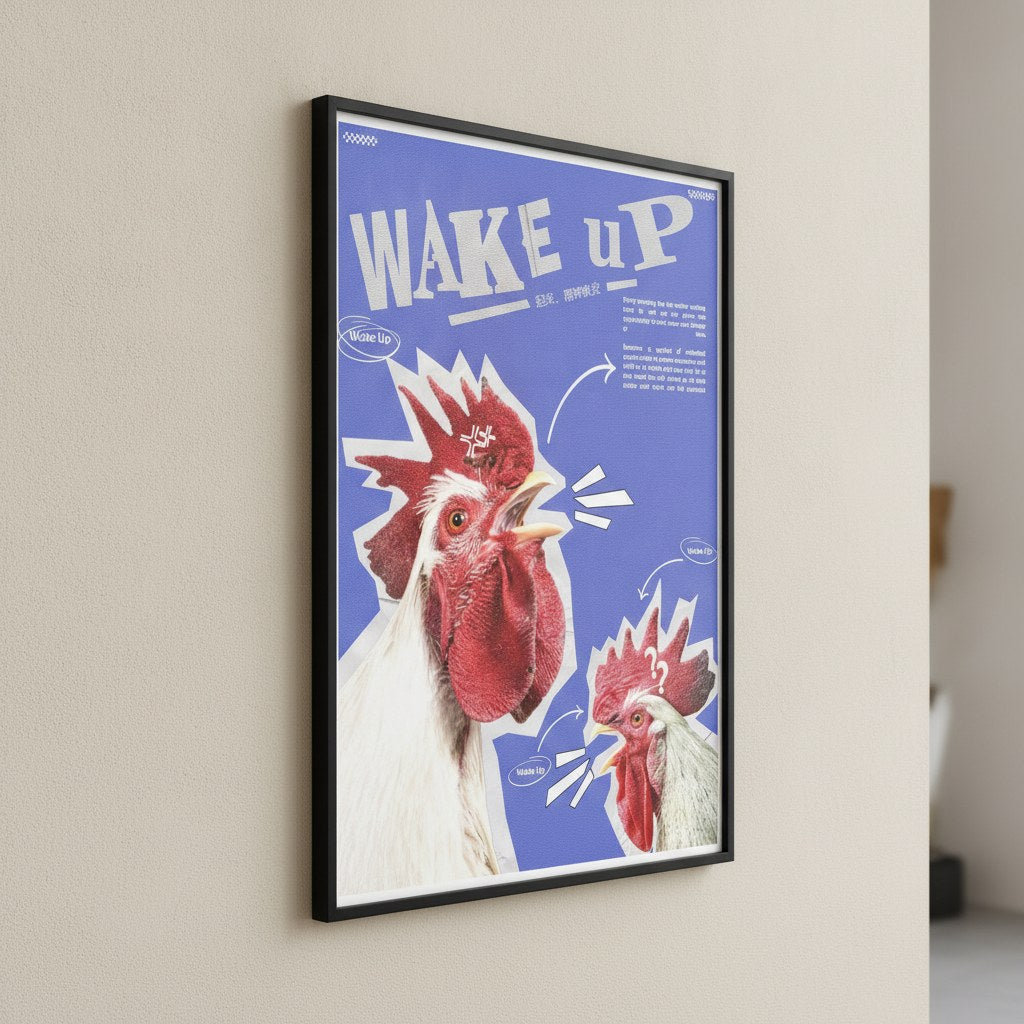 Mavi kolaj horoz posteri, açık bej duvarda siyah çerçeveli açılı görünüm