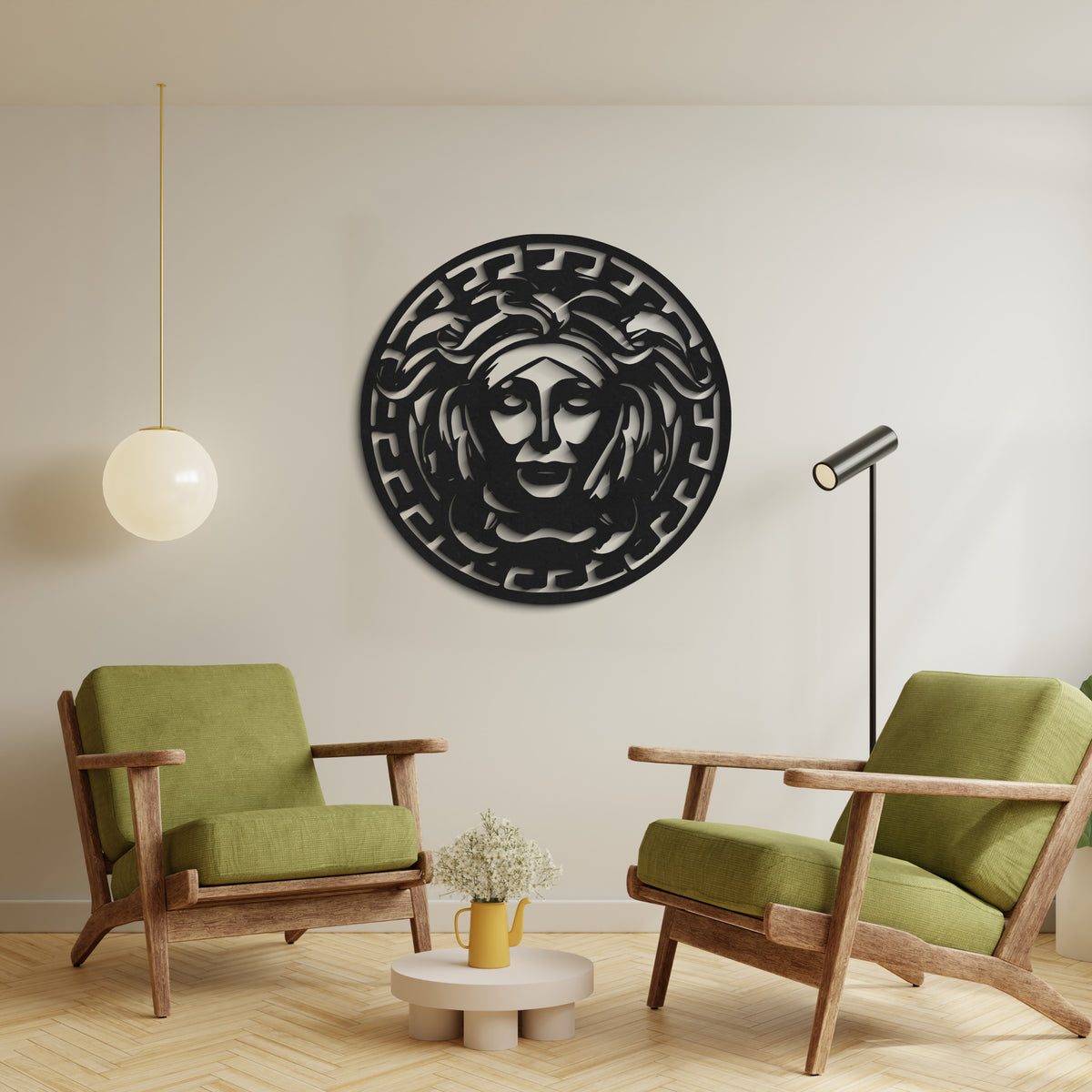Medusa ahşap duvar dekoru, mitoloji temalı duvar sanatı ön görünüm