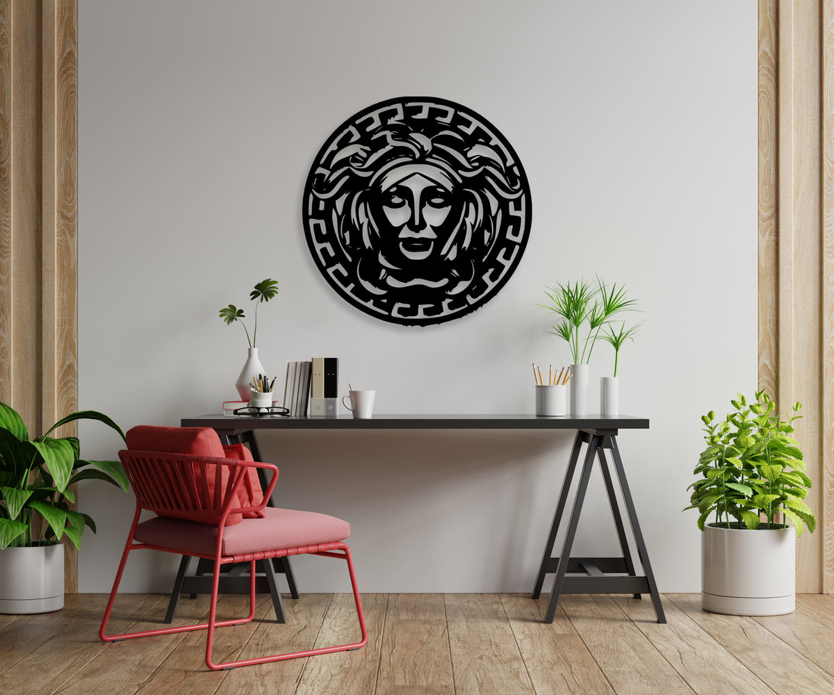 Medusa modern duvar dekoru, mitoloji temalı ahşap duvar sanatı, duvar görünümü