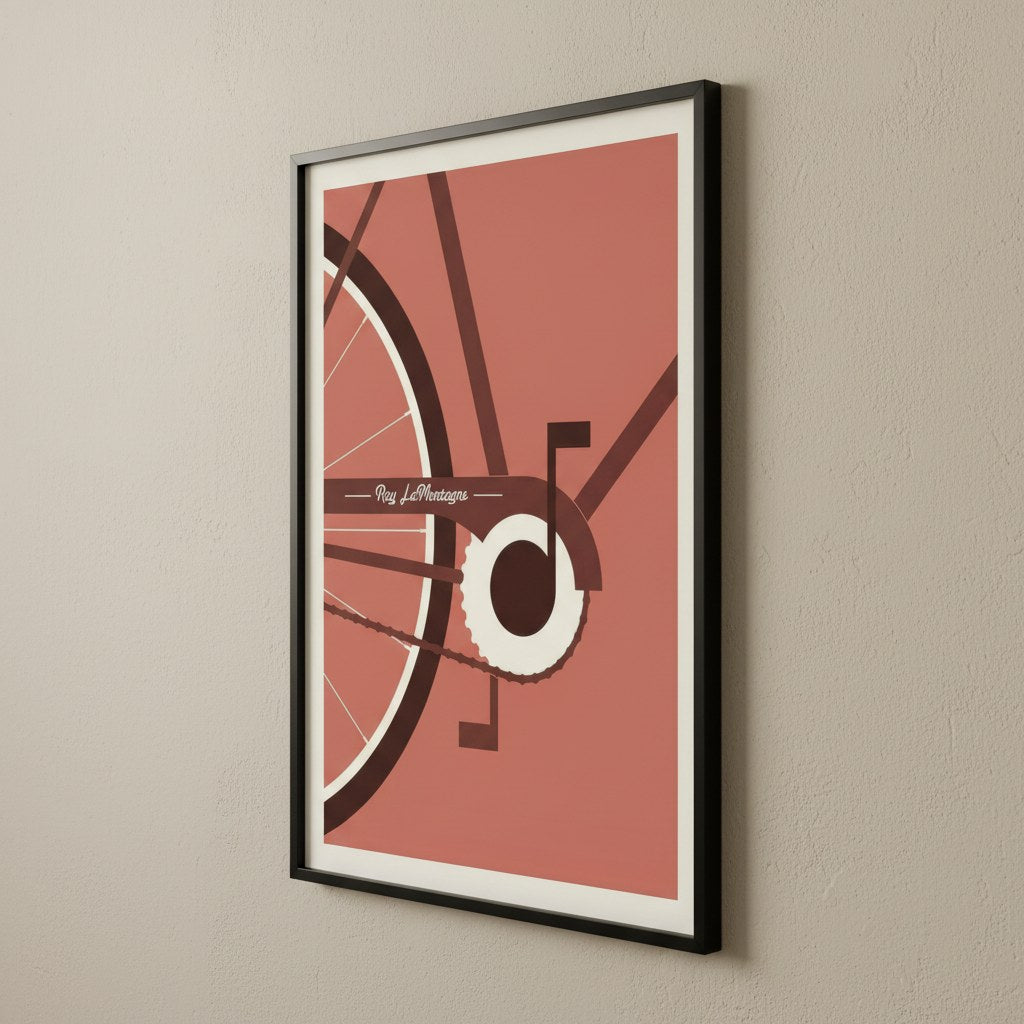 Retro bisiklet grafik posteri, açılı görünümde siyah çerçeveli duvarda