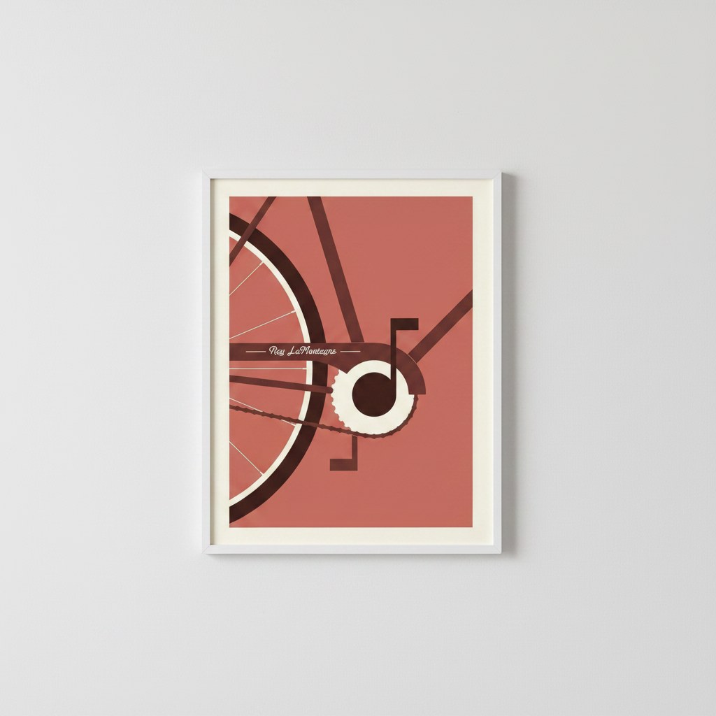 Mercan rengi minimalist bisiklet posteri, sade duvarda beyaz çerçeveli