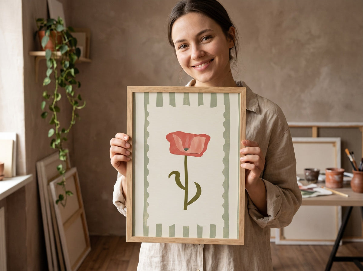 Gelincik çiçeği posteri gülümseyen bir kadının elinde, doğal ahşap çerçeveli poster ölçü gösterimi