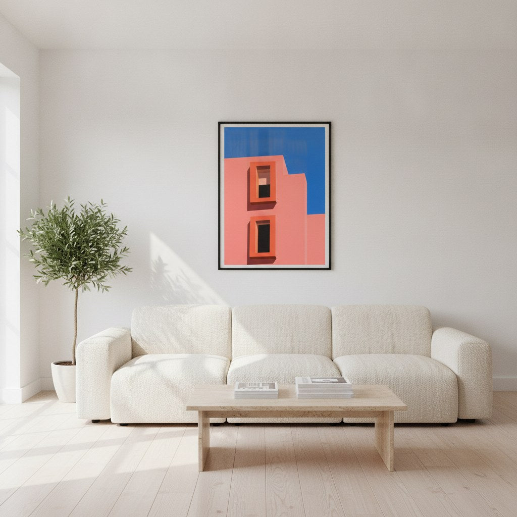 Minimalist mimari poster, salonda kanepenin üzerinde siyah çerçeveli duvar dekorasyonu