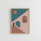 Black Cat on Stairs Minimalist Mediterranean Poster