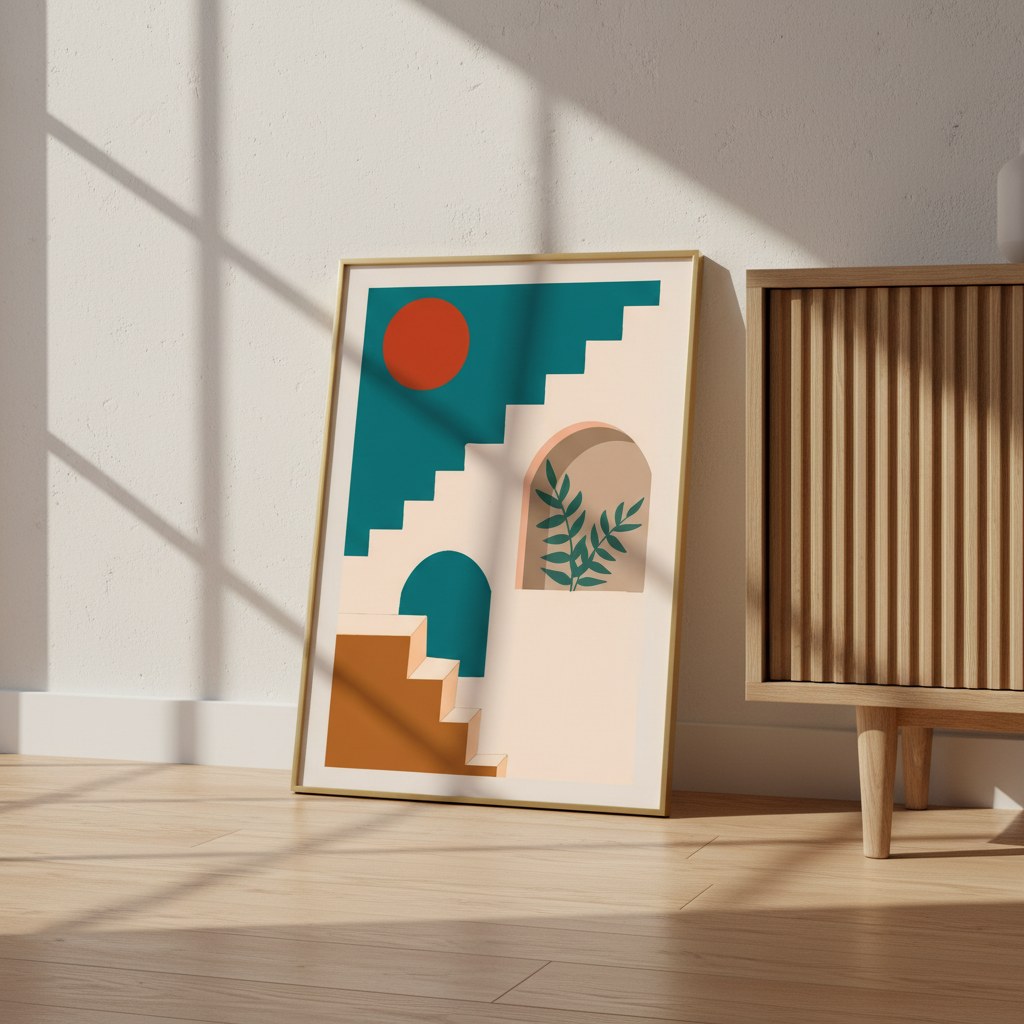Mid-century terrakota merdiven posteri, ahşap konsolun yanında yere yaslanmış çerçeveli
