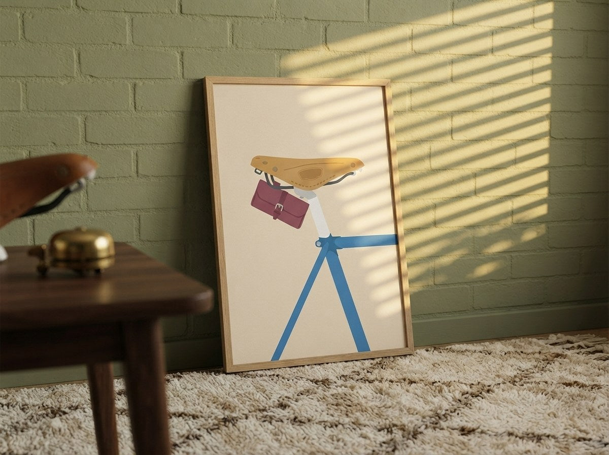 Minimalist bisiklet posteri, yeşil tuğla duvara yaslanmış ahşap çerçeveli