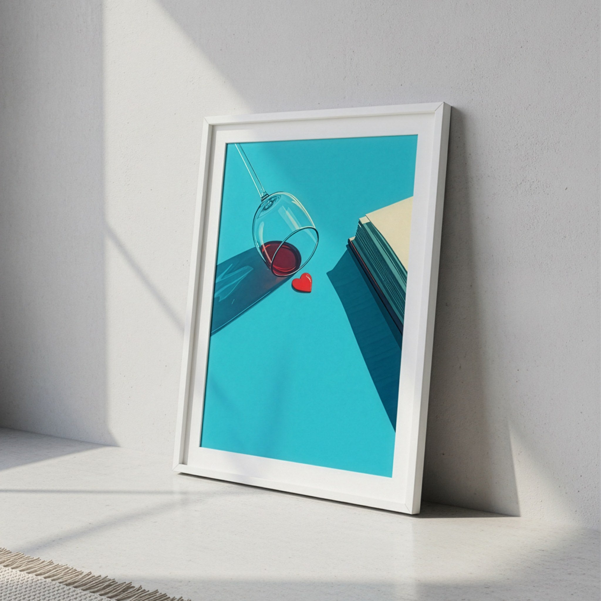 Minimalist kadeh ve kalp posteri, beyaz çerçeveli, aydınlık duvara yaslanmış duvar sanatı