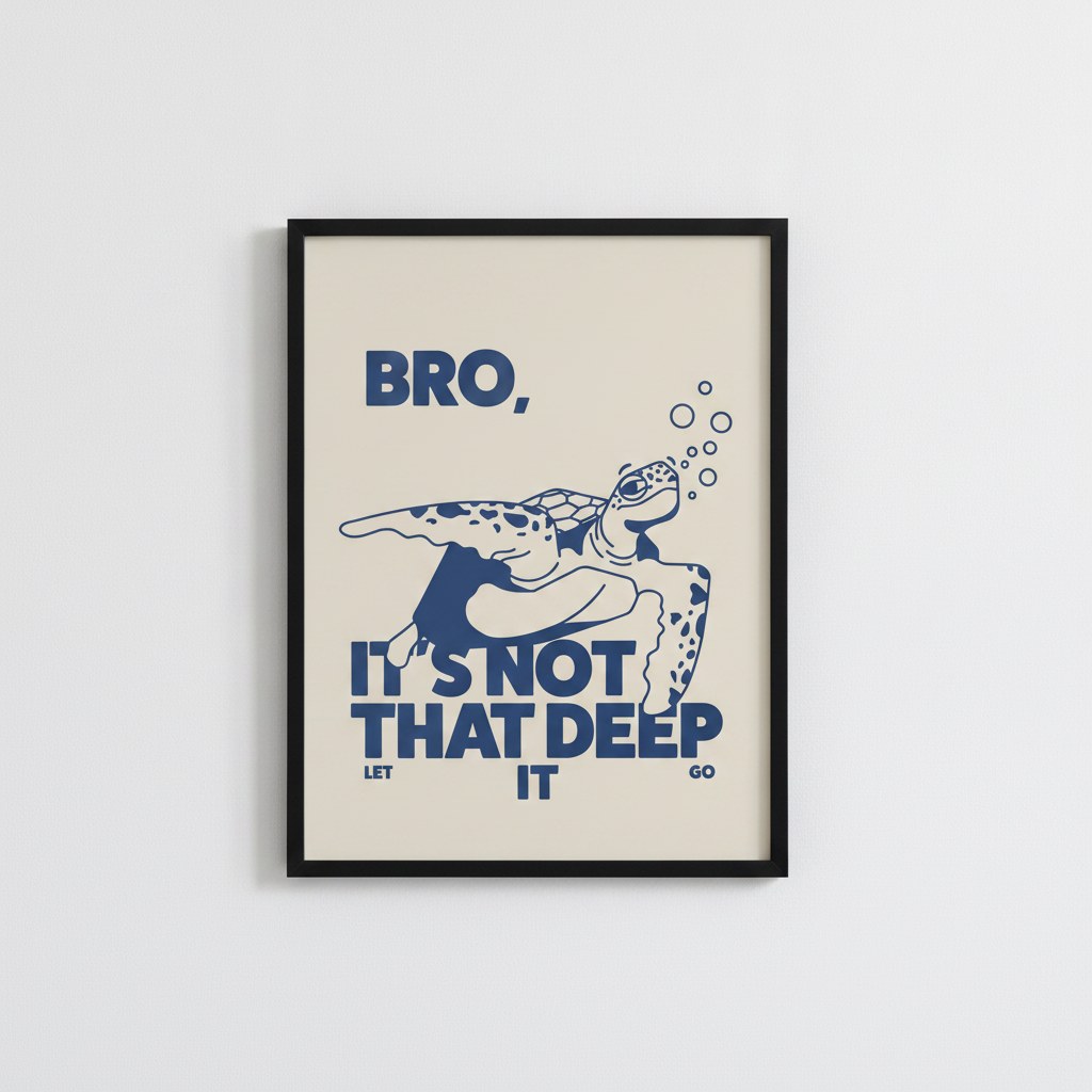 Minimalist kaplumbağa ve tipografi posteri, beyaz duvarda siyah çerçeveli