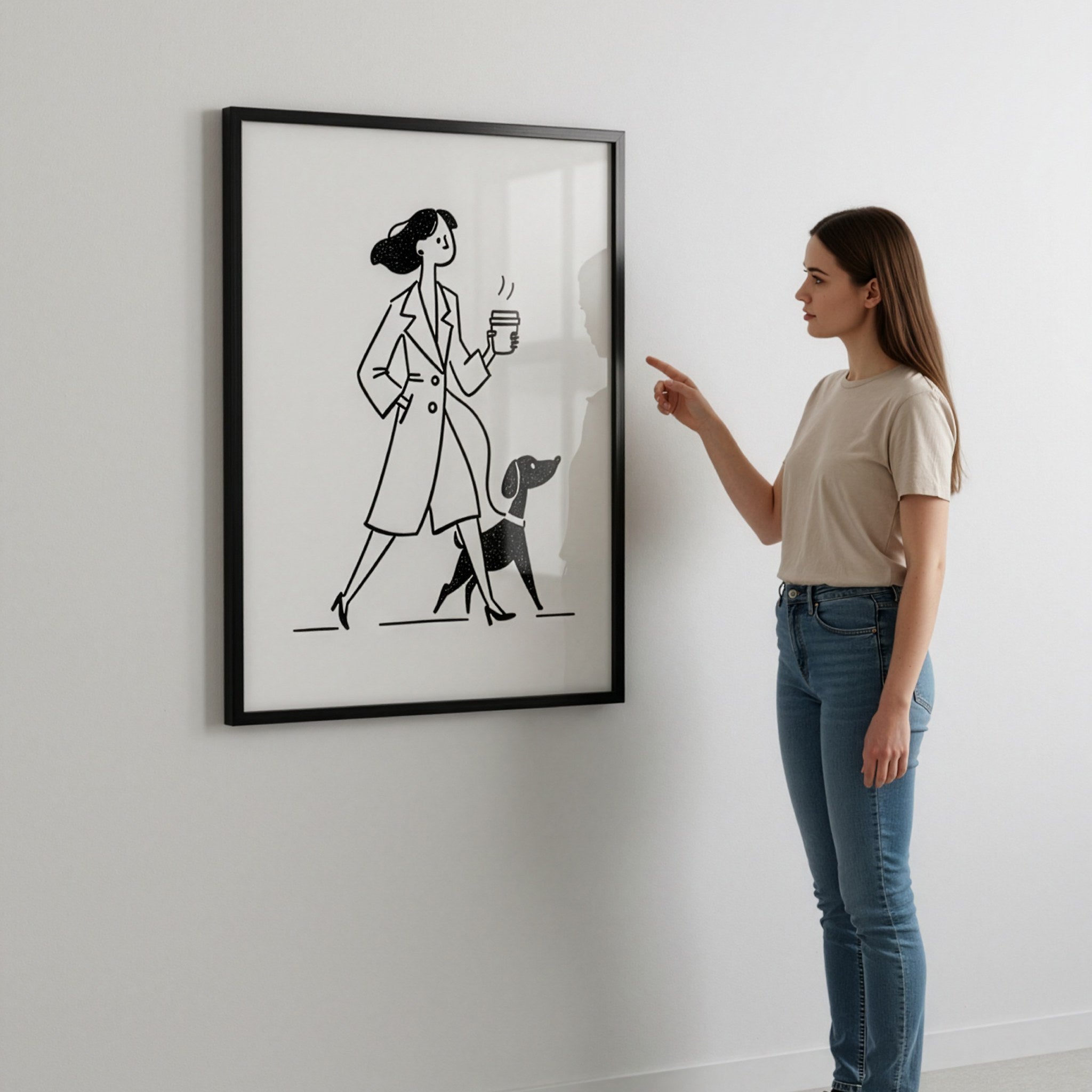 Siyah çerçeveli çizgi poster duvarda; yanındaki kişi posterin gerçek boyutunu gösteriyor