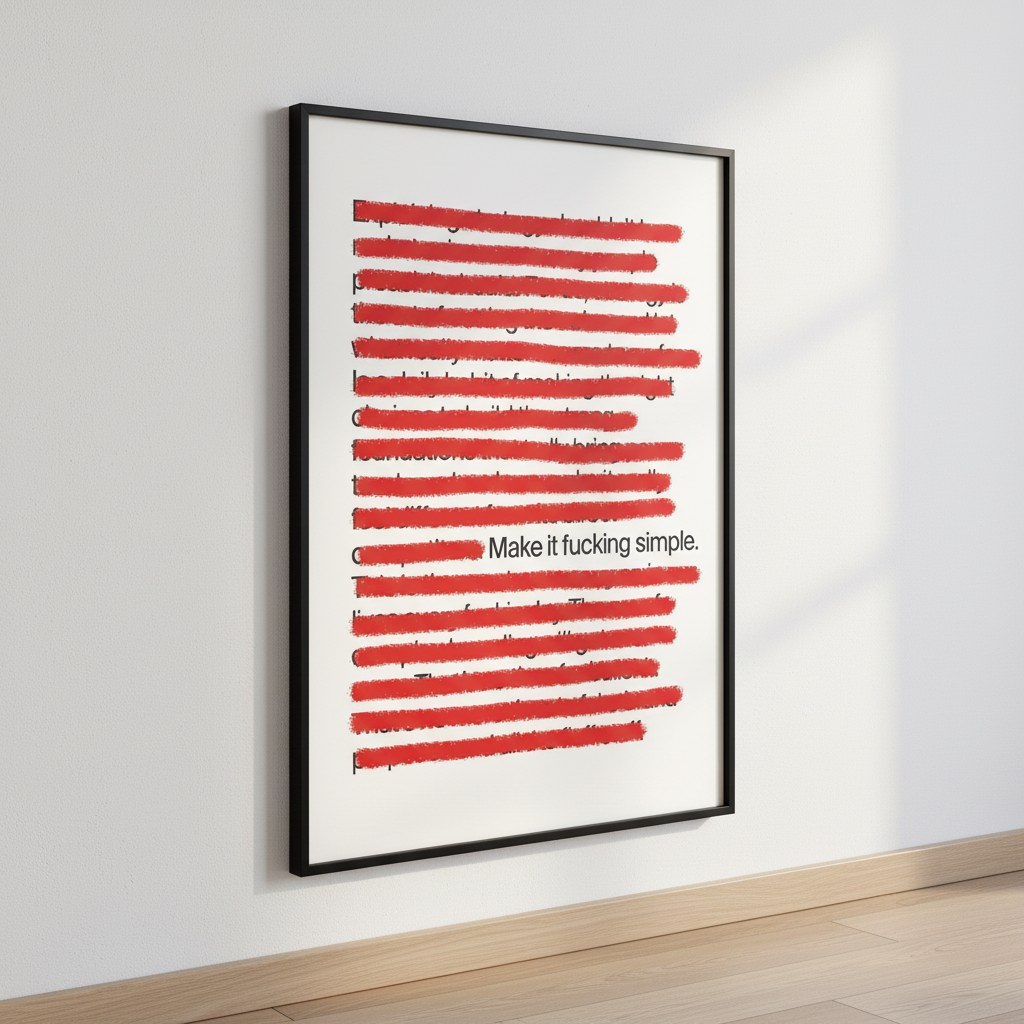 Kırmızı çizgili tipografi posteri, yere yaslanmış siyah çerçevede yandan görünüm