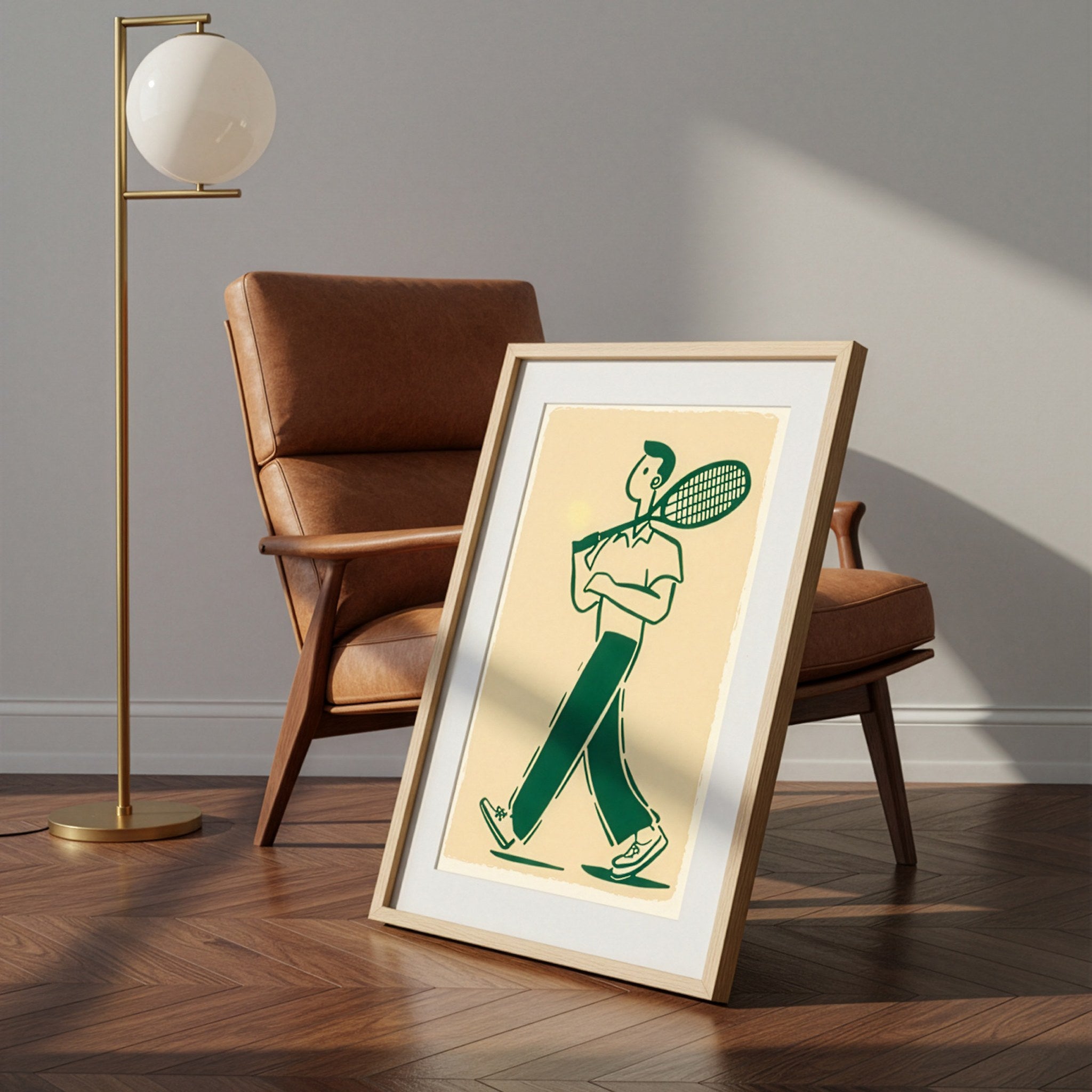 Minimalist tenis posteri, paspartulu ahşap çerçevede deri koltuğa yaslanmış