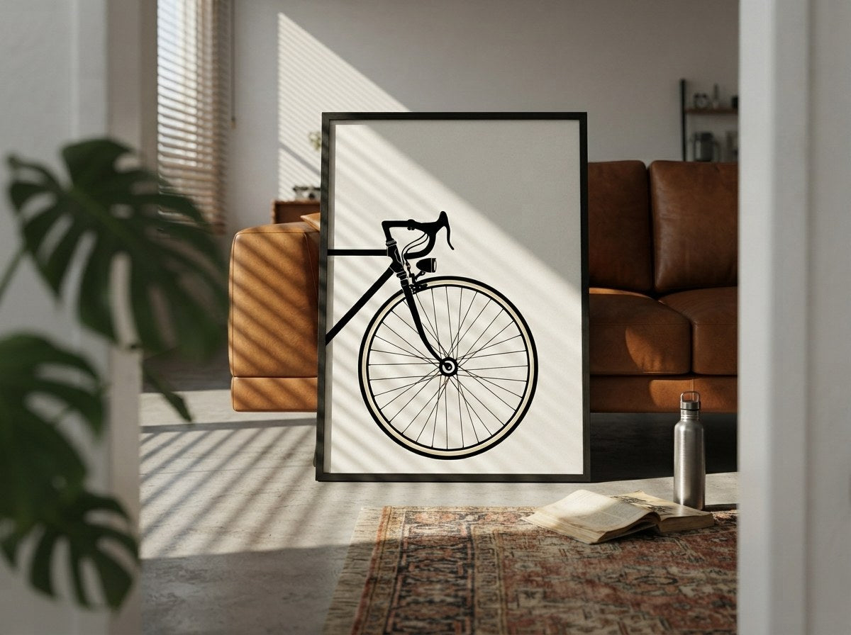 Minimalist yarış bisikleti posteri, deri koltuklu oturma odasında yere yaslanmış siyah çerçeveli