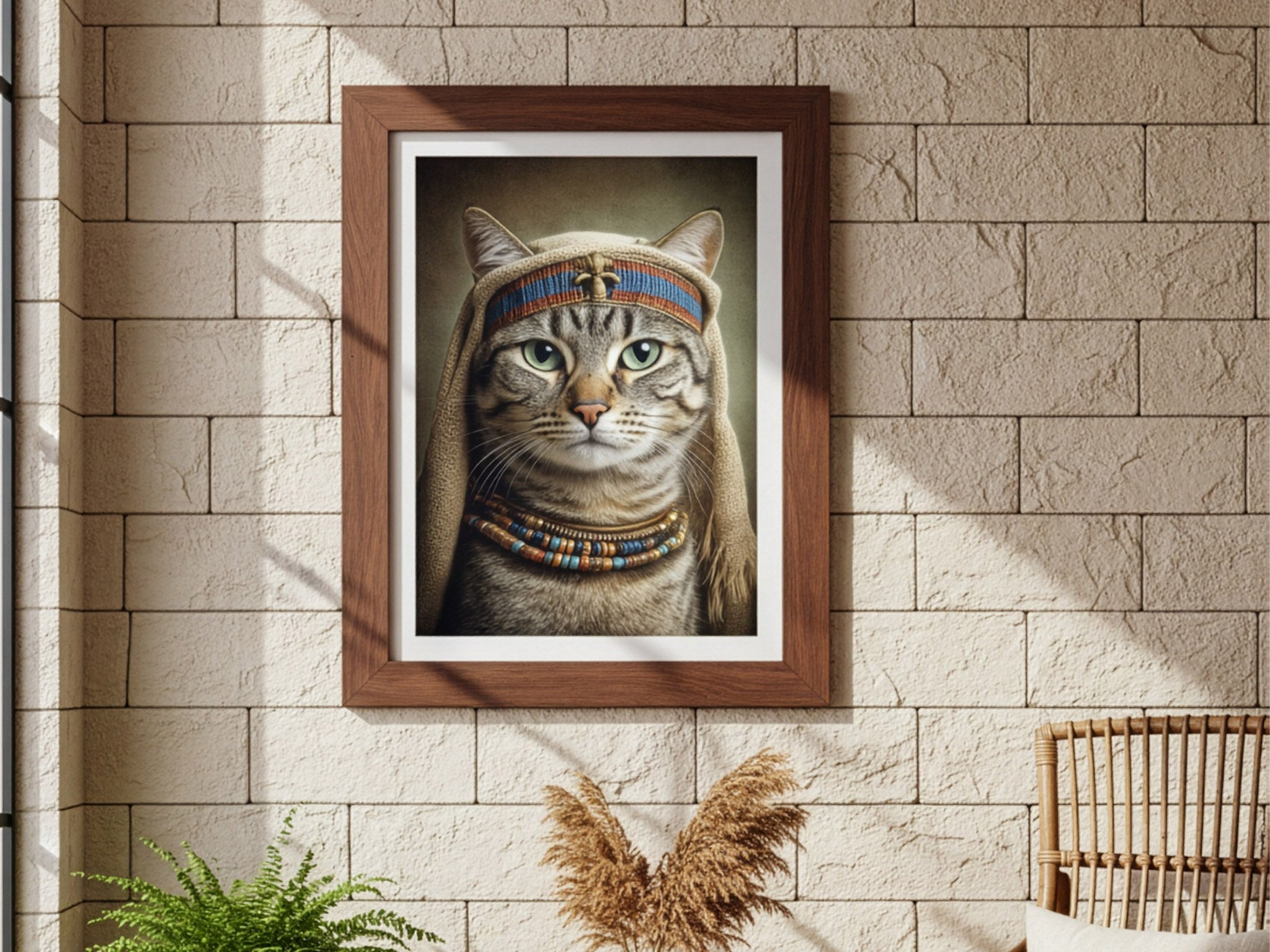 Mısır firavunu başlıklı kedi portresi posteri, taş duvarda paspartulu koyu ahşap çerçeveli