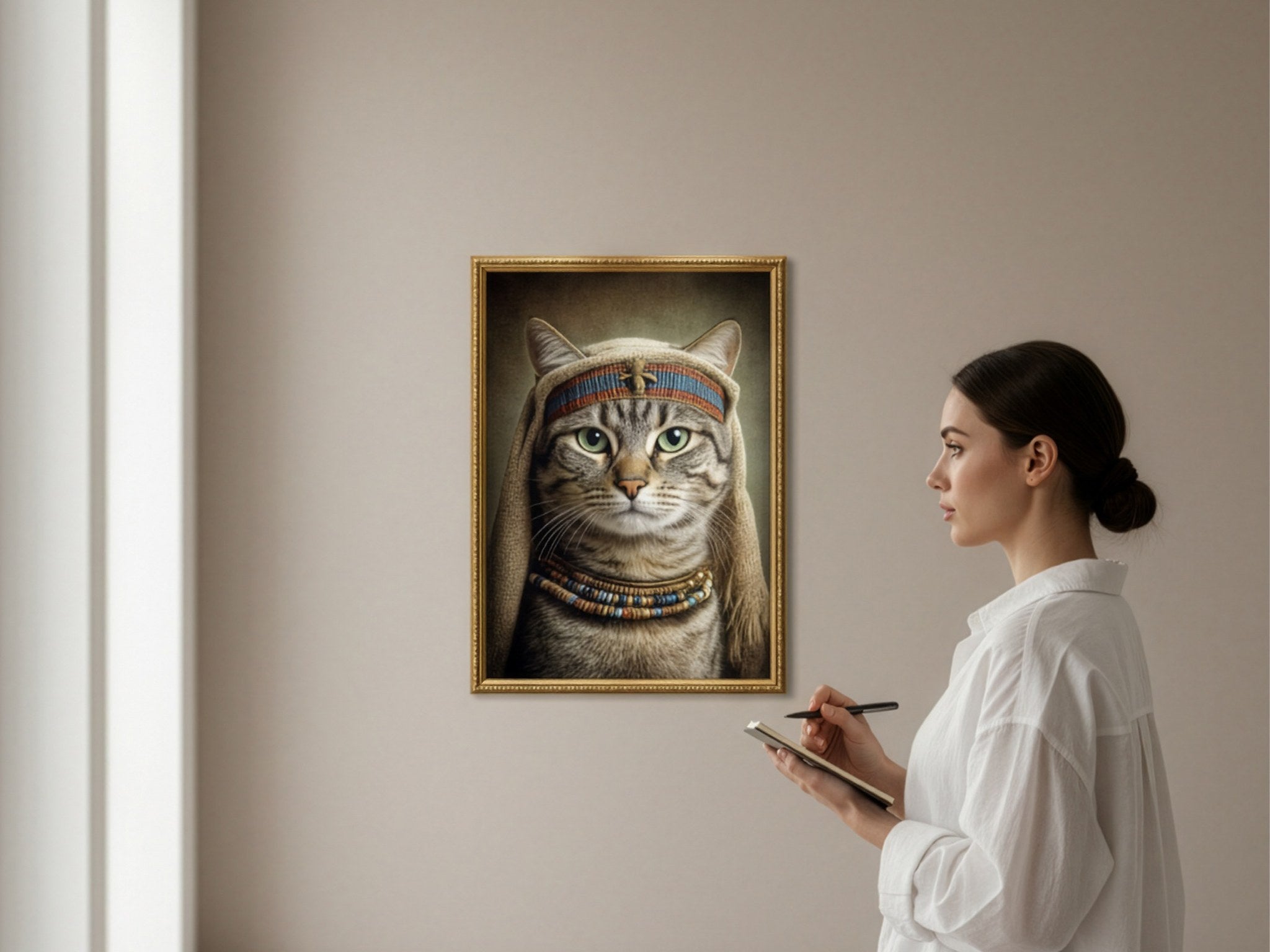 Mısır temalı kedi posteri duvarda, yanında eskiz defteriyle duran kişiyle ölçek karşılaştırması