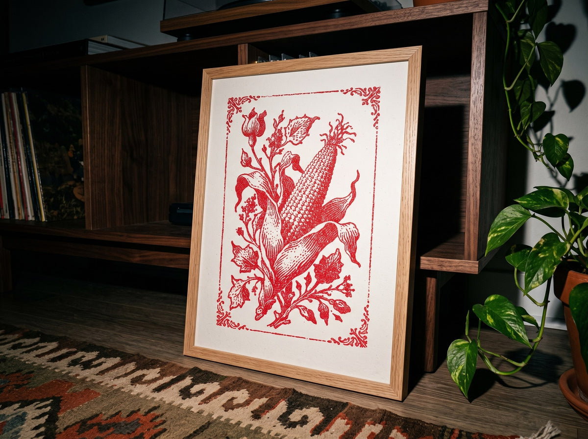 Doğal ahşap çerçeveli kırmızı gravür posteri, ceviz raf önünde kilim üzerine yaslanmış, sarmaşıkla