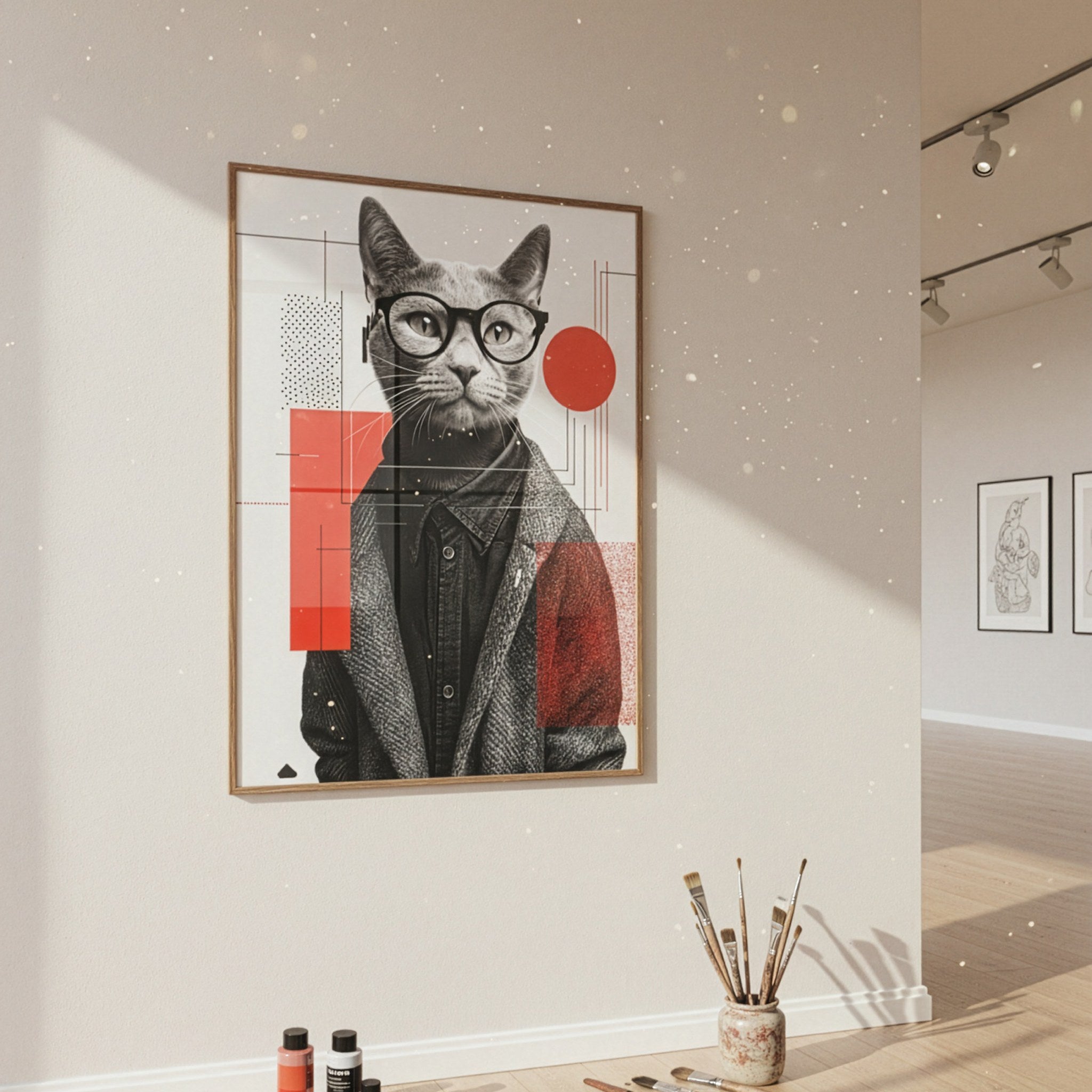 Modern kolaj kedi posteri, doğal ahşap çerçevede aydınlık duvarda yandan görünüm