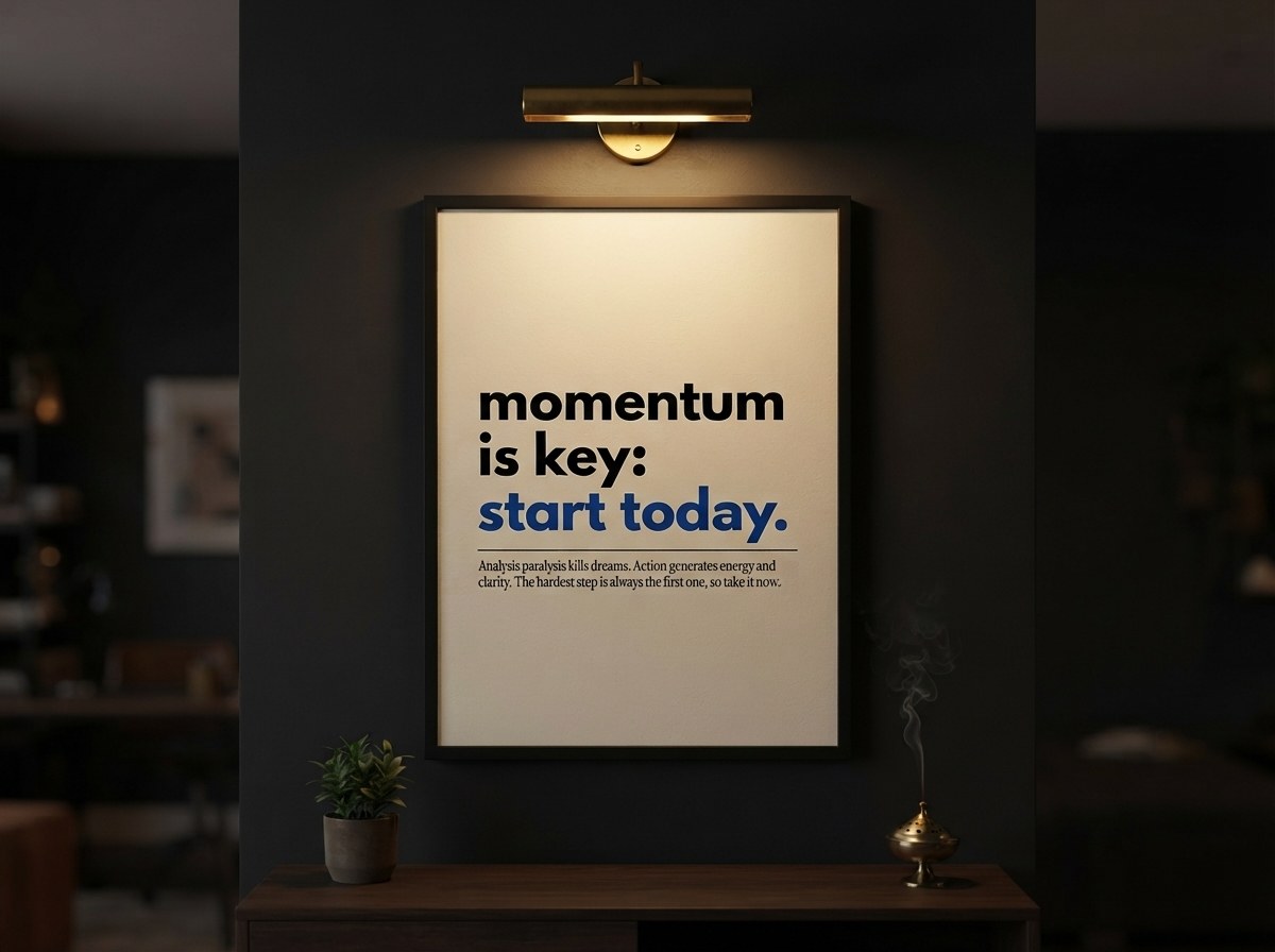 Momentum is key posteri, koyu duvarda tablo aydınlatması altında siyah çerçeveli