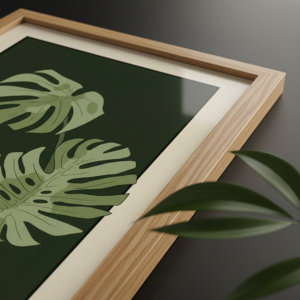 Monstera botanik posterinin köşe yakın çekimi, mat kağıt dokusu ve ahşap çerçeve detayı