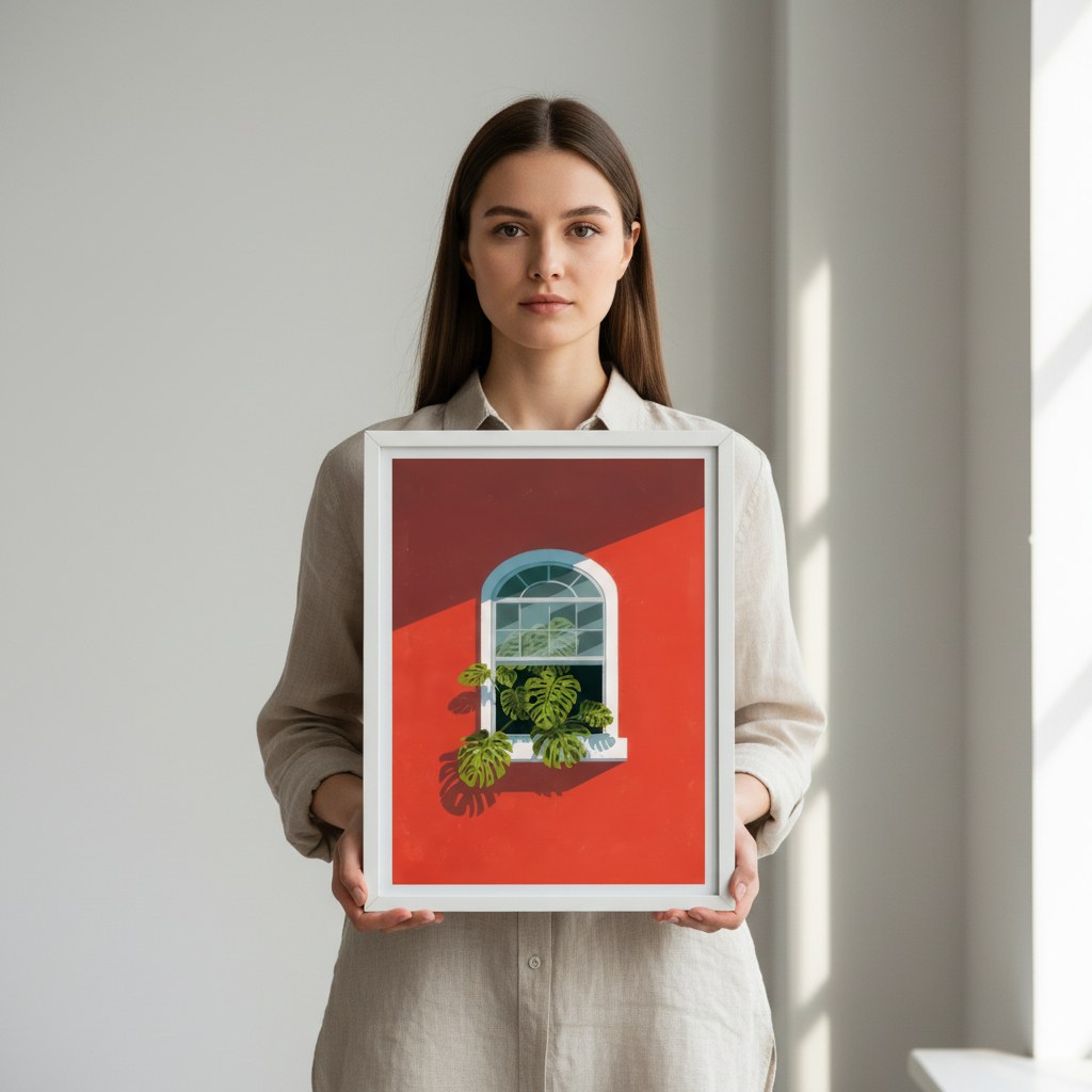Monstera pencere posteri elde tutulurken beyaz çerçeveli ölçek gösterimi