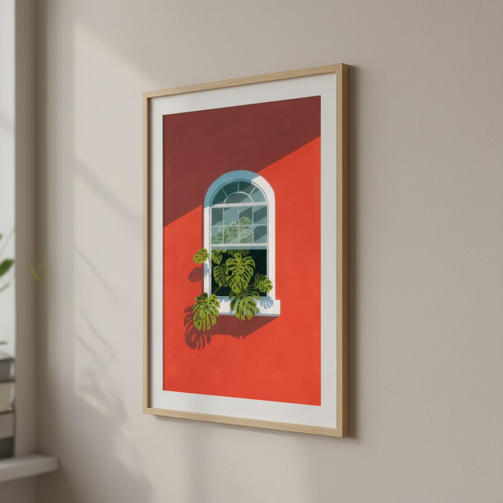 Kırmızı duvarda monstera pencere posteri, krem duvarda paspartulu doğal ahşap çerçeveli