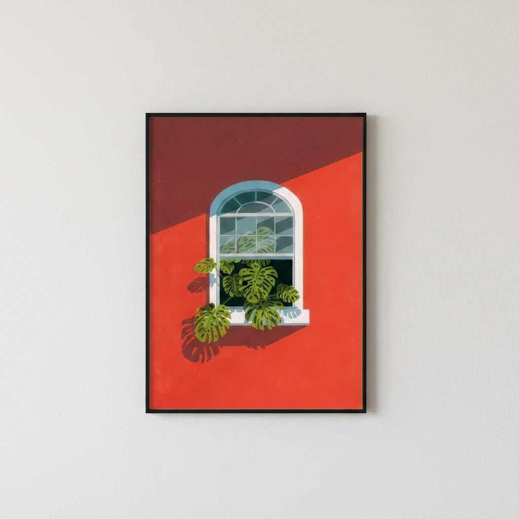 Kırmızı zeminli monstera pencere posteri, düz beyaz duvarda ince siyah çerçeveli