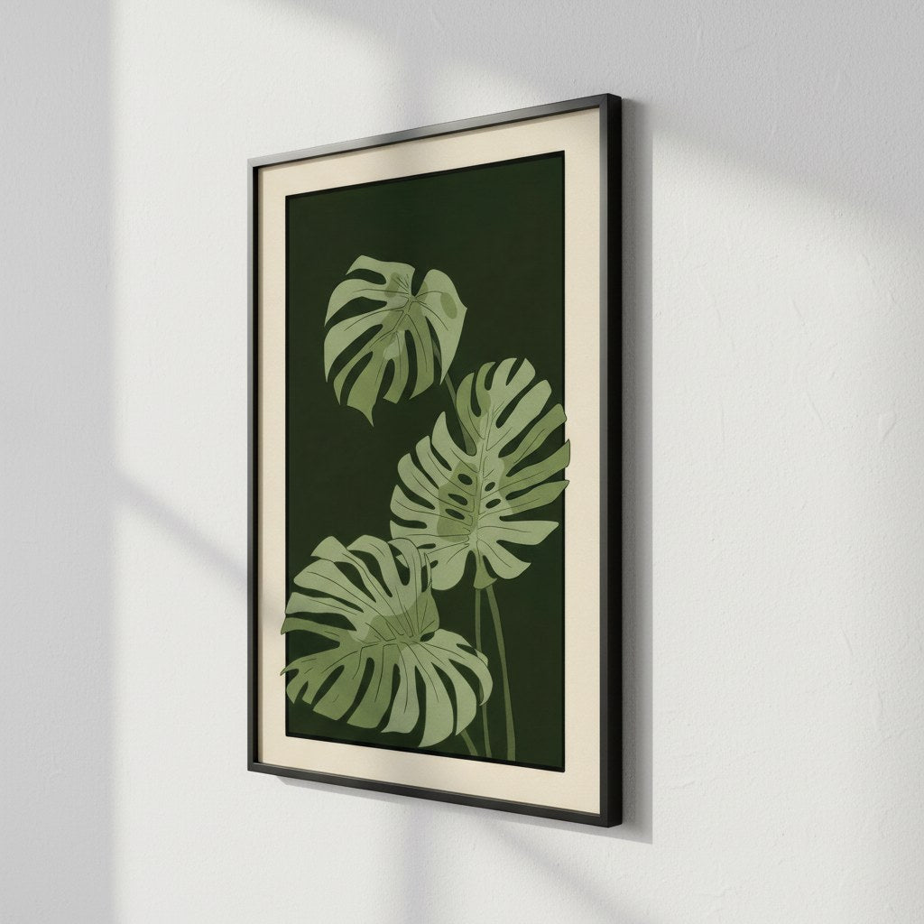 Koyu yeşil monstera yaprak posteri, beyaz duvarda paspartulu siyah çerçeveli