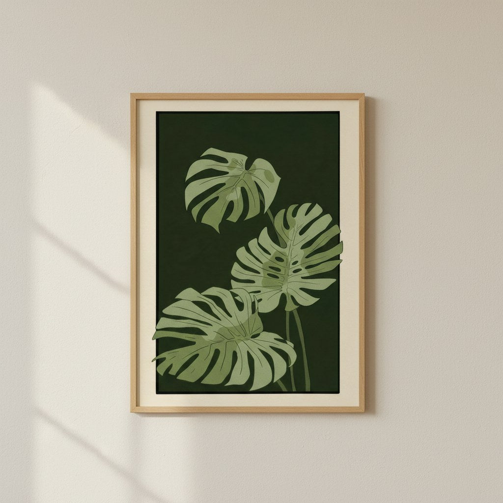 Monstera yaprakları botanik posteri, güneş alan krem duvarda doğal ahşap çerçeveli