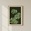 Monstera Leaves Botanical Poster on Dark Green Background