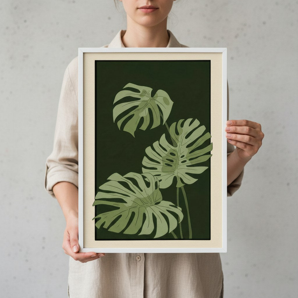 Monstera yapraklı poster elde tutulurken beyaz çerçeveli ölçek gösterimi