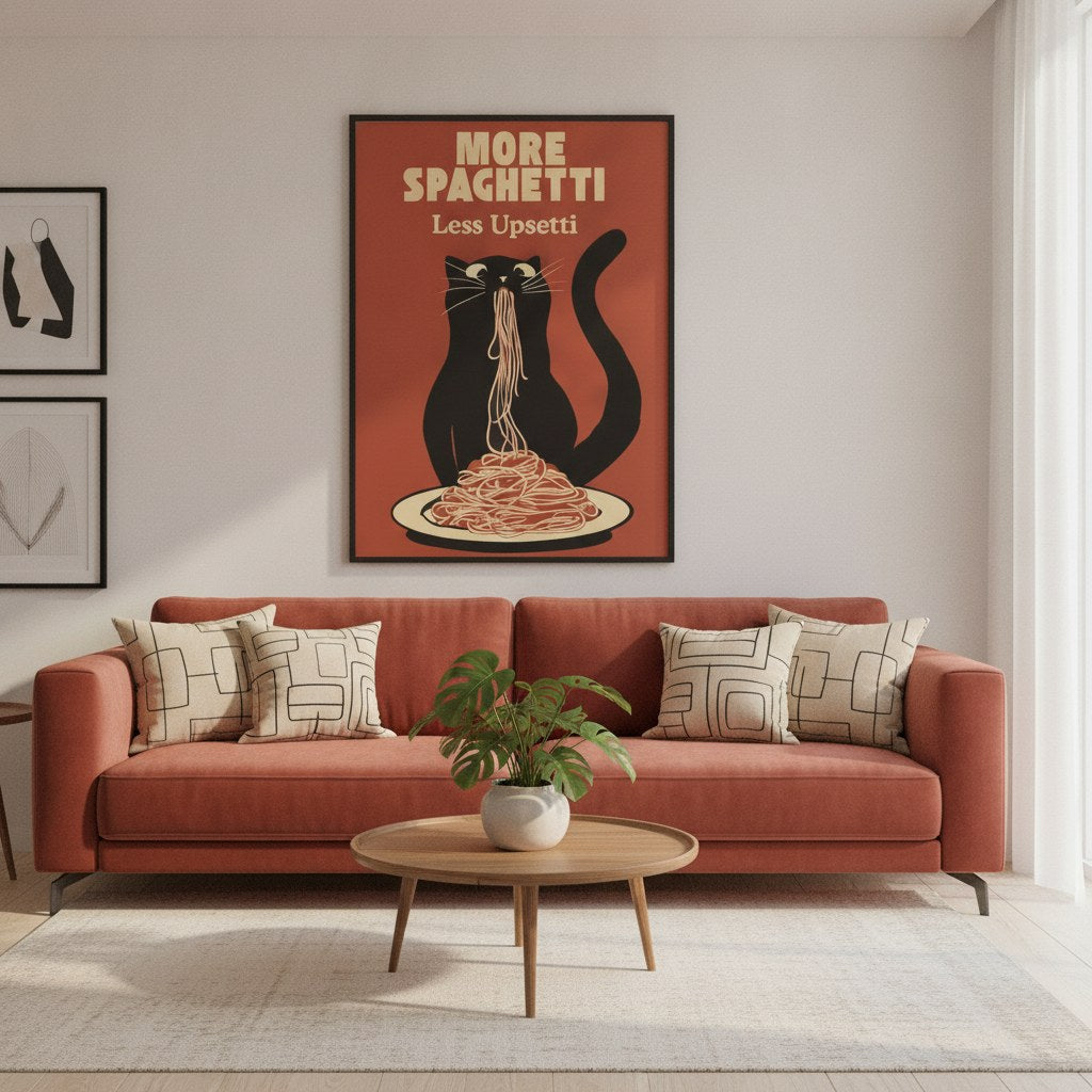 More Spaghetti Less Upsetti posteri, salonda mercan rengi kanepenin üstünde siyah çerçeveli
