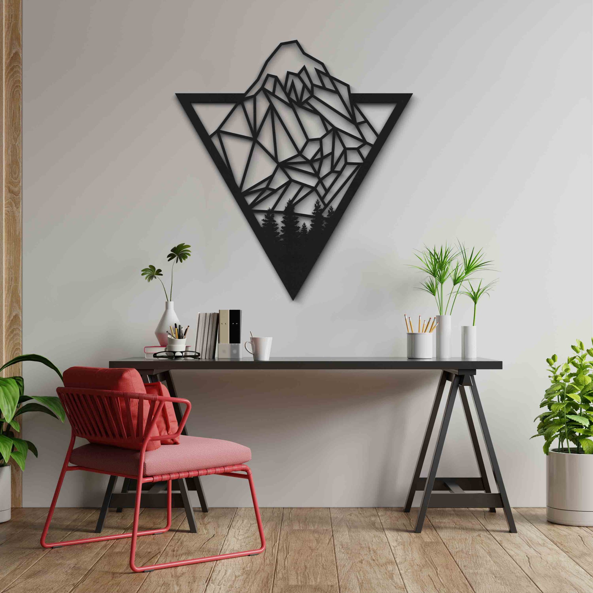 Dağ ve orman temalı geometrik duvar dekoru, çalışma odası için ahşap duvar sanatı, yakın detay
