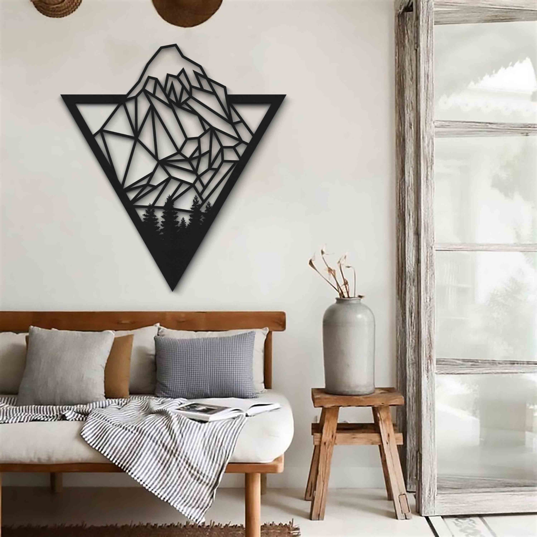 Geometrik dağ ve orman duvar dekoru, doğa temalı duvar sanatı, duvar görünümü