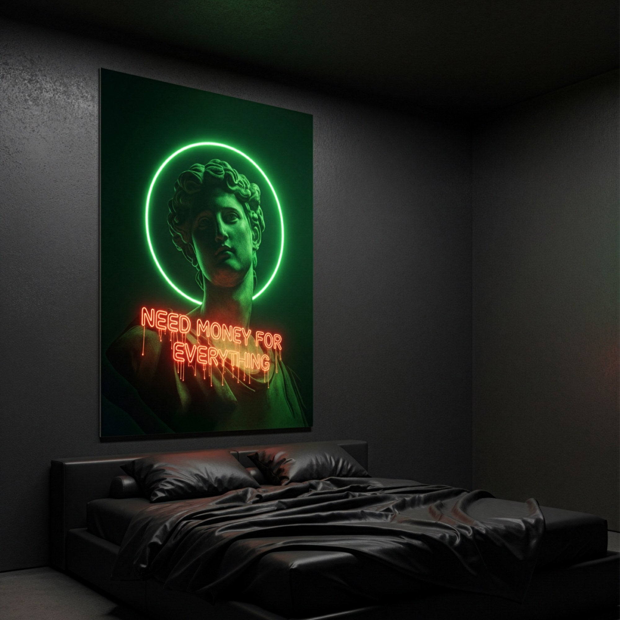 Neon heykel posteri, koyu tonlu yatak odasında yatağın üstünde