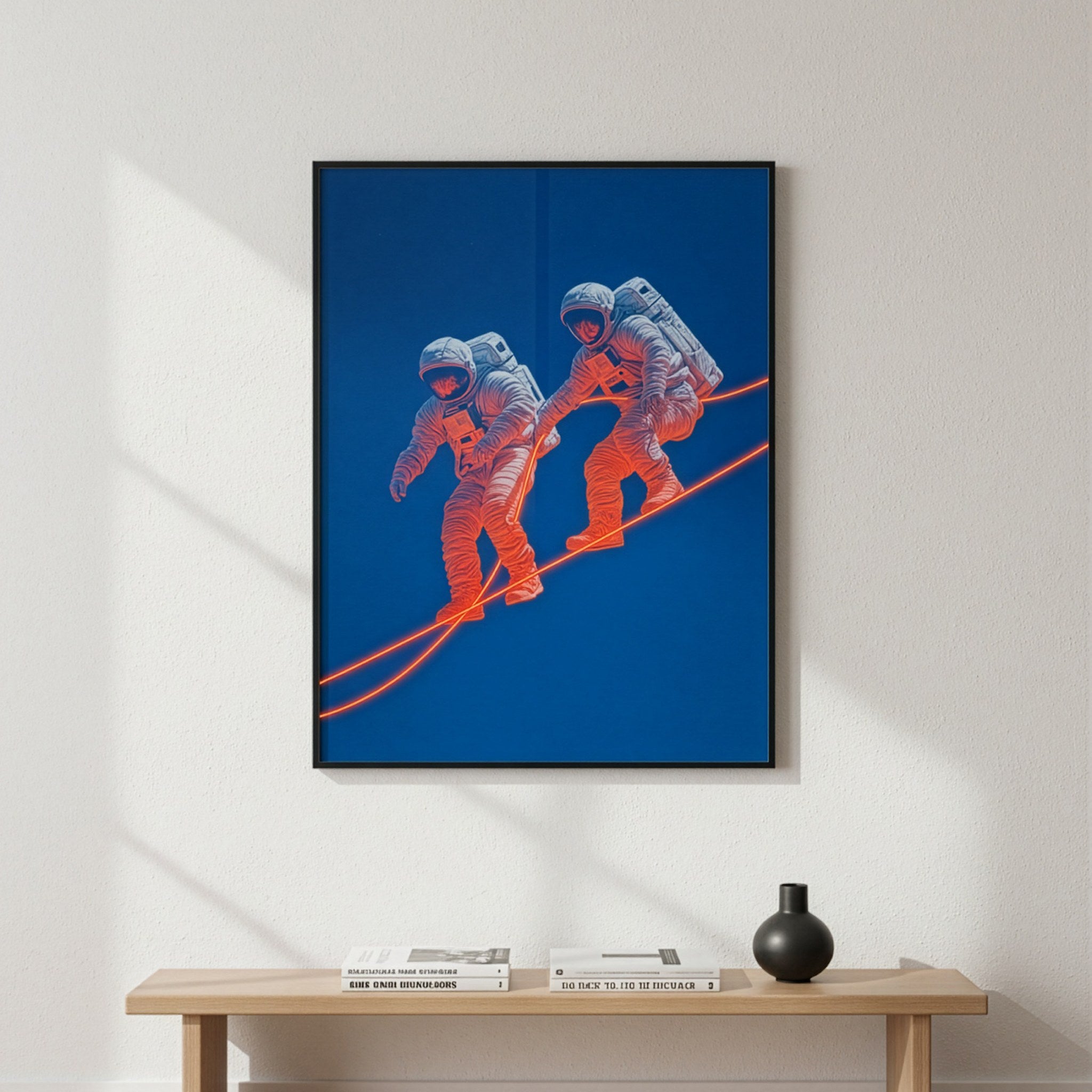 Neon çizgide yürüyen astronotlar posteri, beyaz duvarda ince siyah çerçeveli