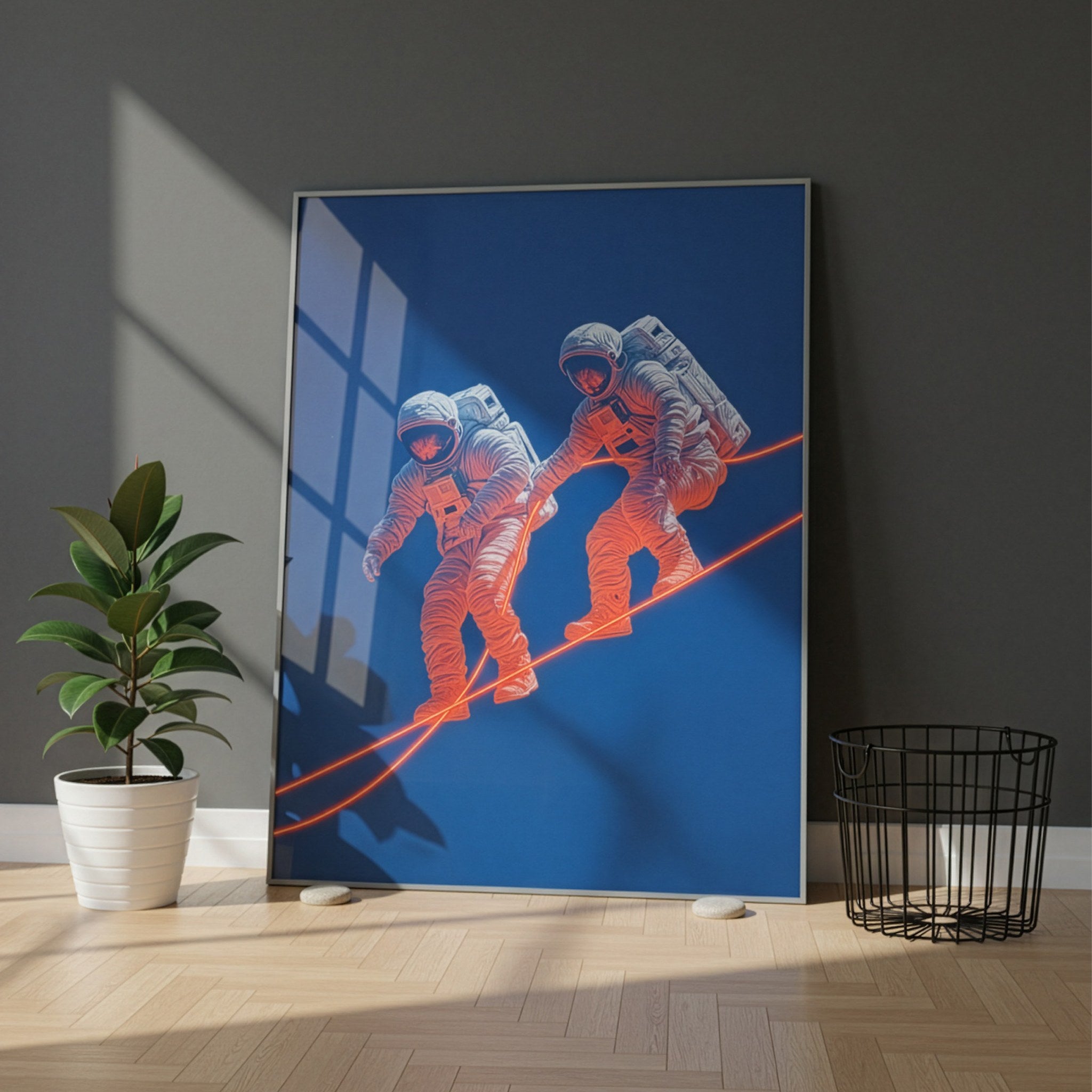 Neon astronot posteri, koyu gri duvara yaslanmış çerçeveli, saksı ve sepetin yanında