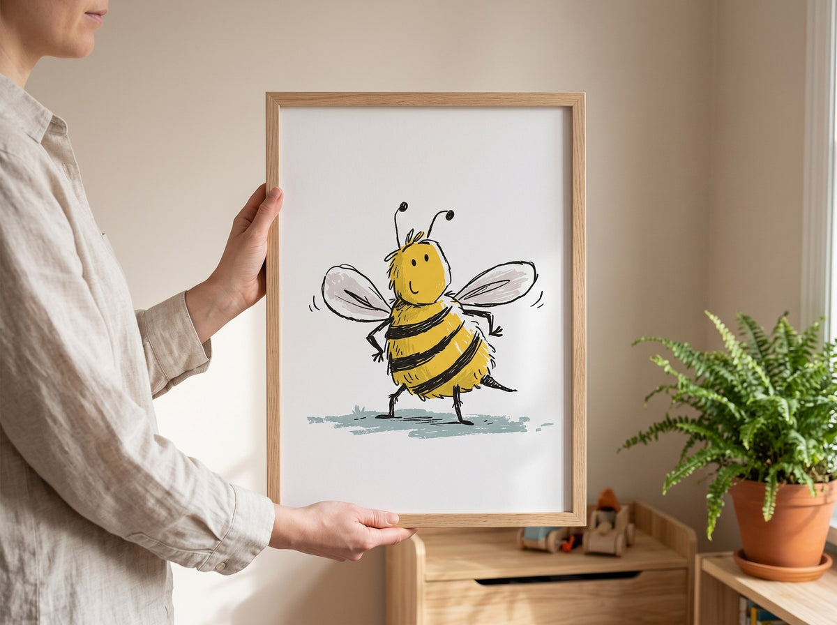 Tombul arı posterini iki eliyle tutan kişi, doğal ahşap çerçeveli poster ölçü karşılaştırması