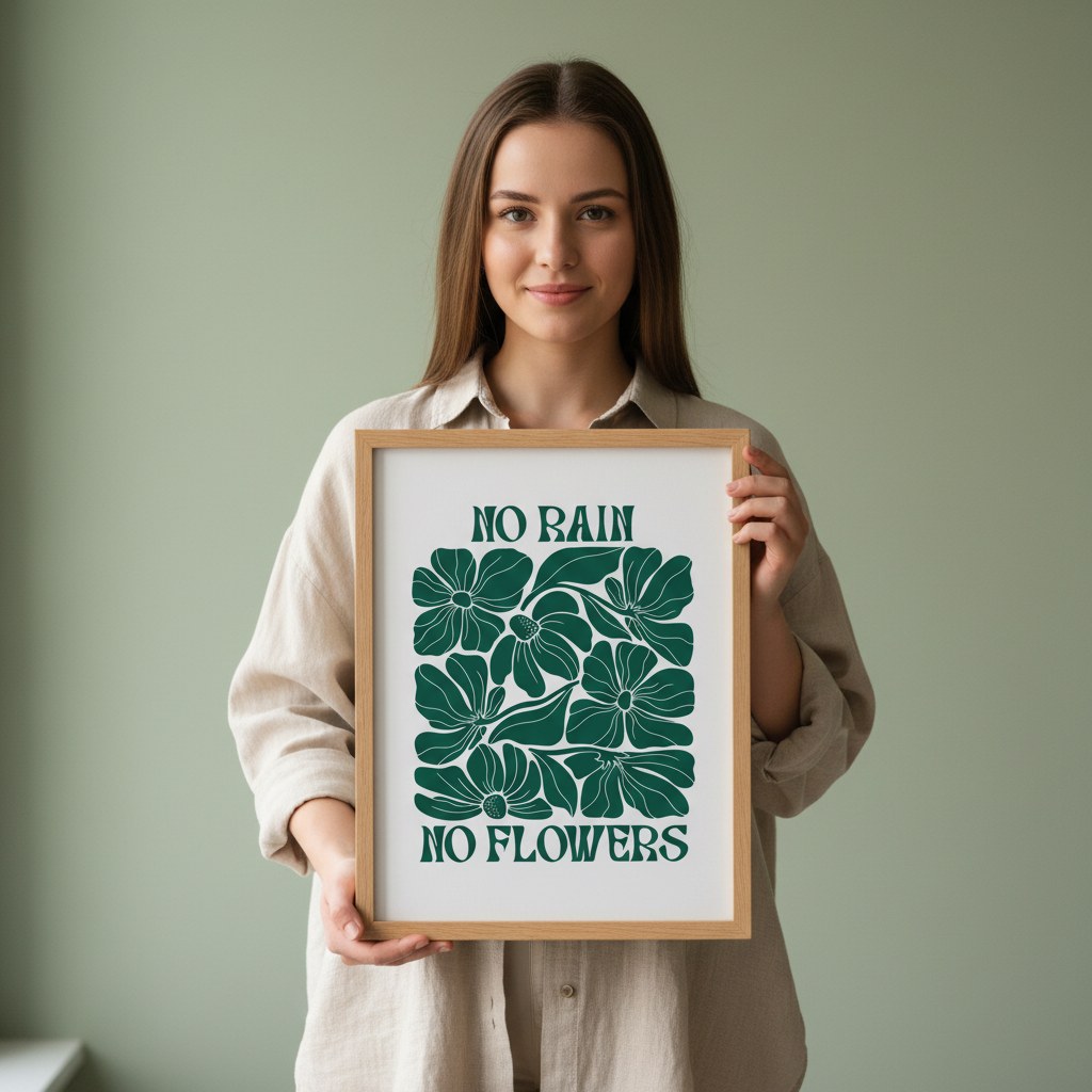 No rain no flowers posteri elde tutulurken yeşil duvar önünde ölçek gösterimi