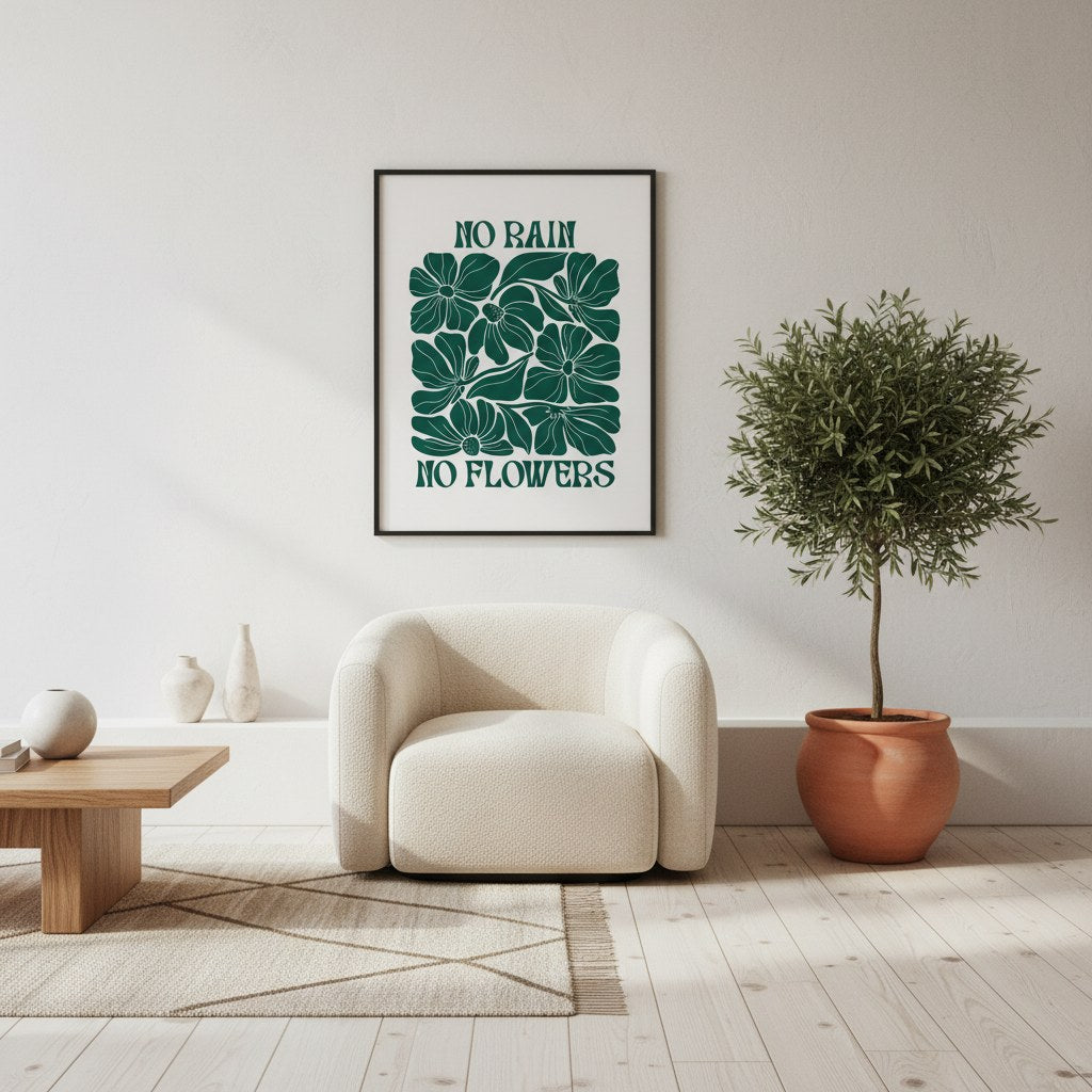 No rain no flowers posteri, salonda krem koltuk ve zeytin ağacının yanında siyah çerçeveli